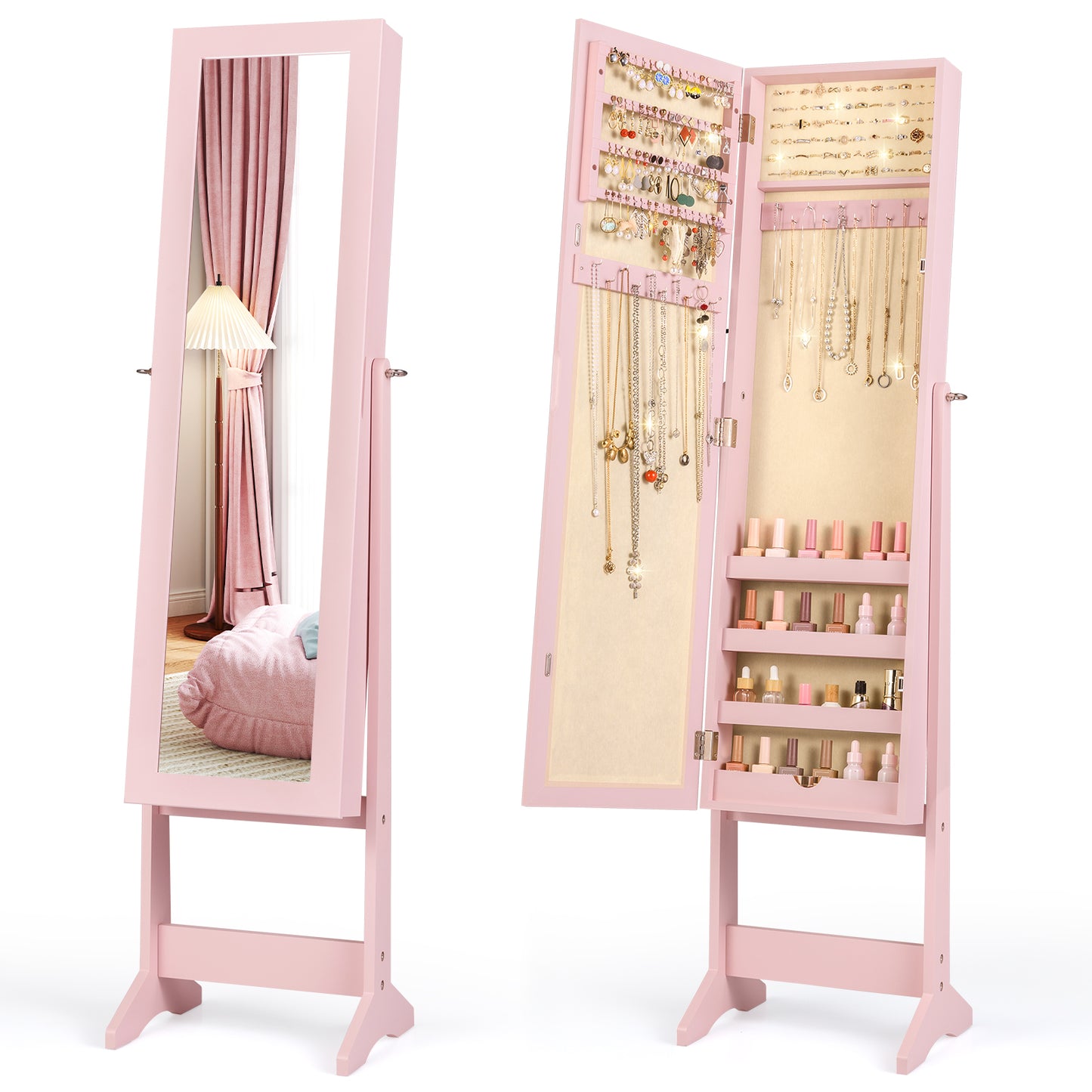 Mirrored Standing Jewelry Cabinet Storage Box-Pink - Pink