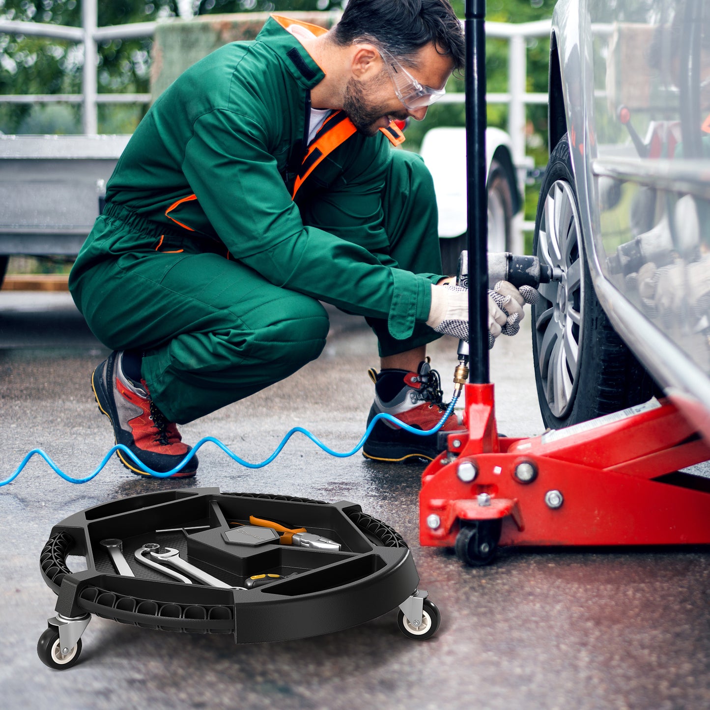Mobile Automotive Tool Creeper with 3 Swivel Casters and 4 Compartments-Black