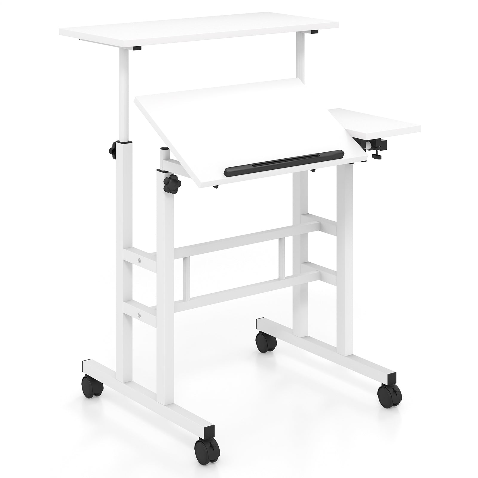 Mobile Standing up Desk Adjustable Computer Desk Tilting Workstation-Natural - White