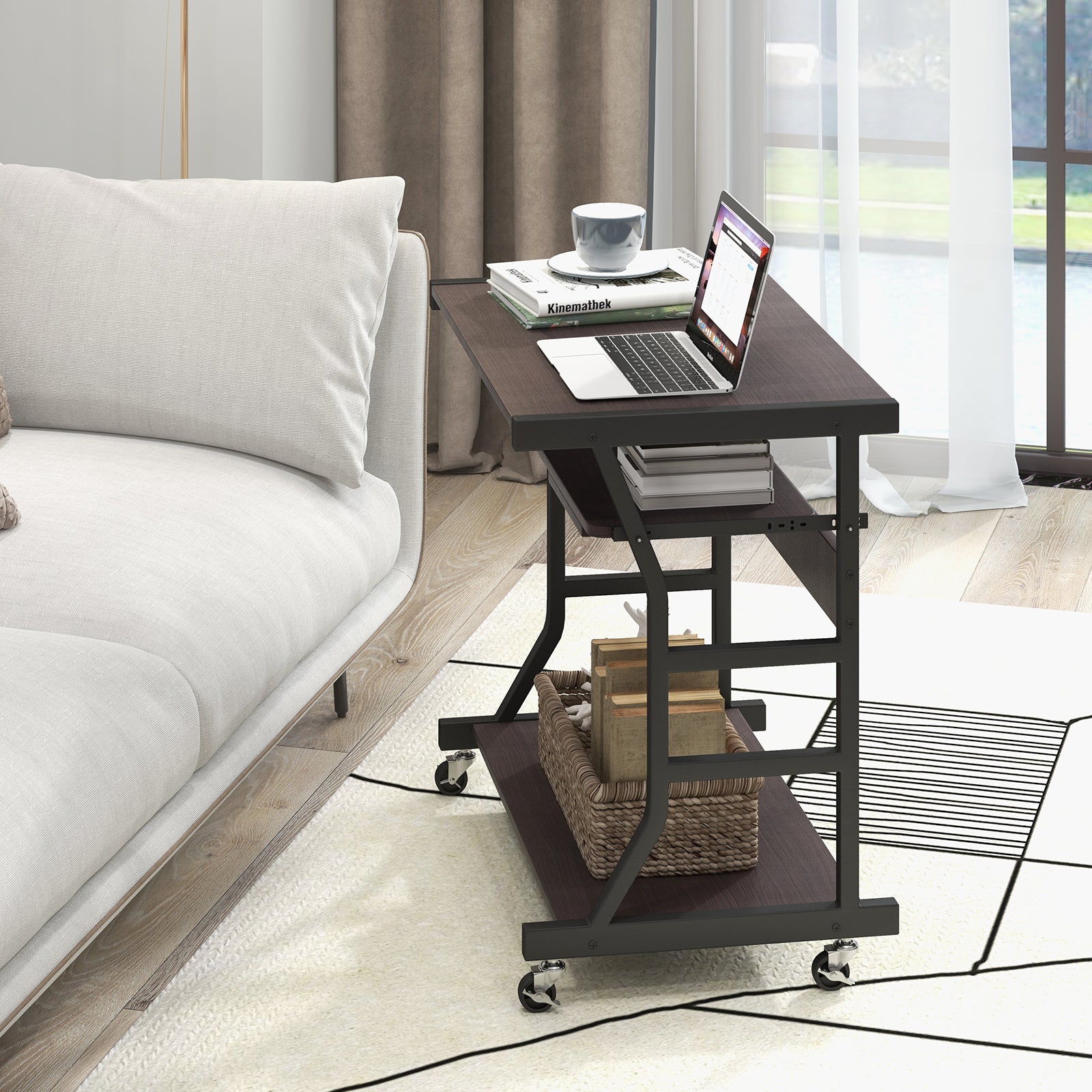 Mobile Computer Desk with Keyboard Tray Mouse Tray and Shelf-Dark Brown