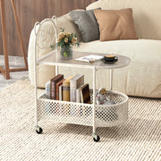 2-Tier Mobile Glass Coffee Table with Bear Pattern-White
