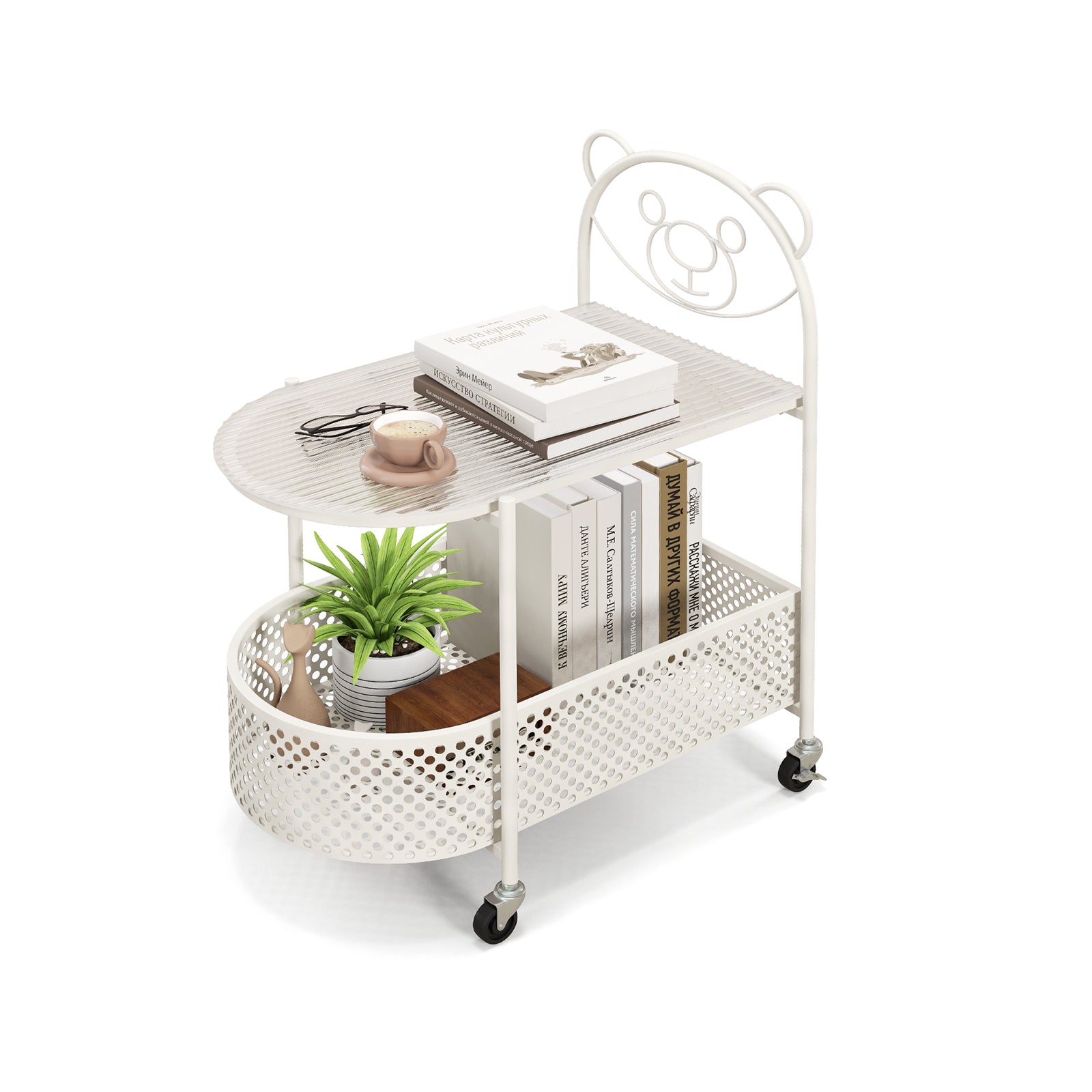 2-Tier Mobile Glass Coffee Table with Bear Pattern-Golden - White
