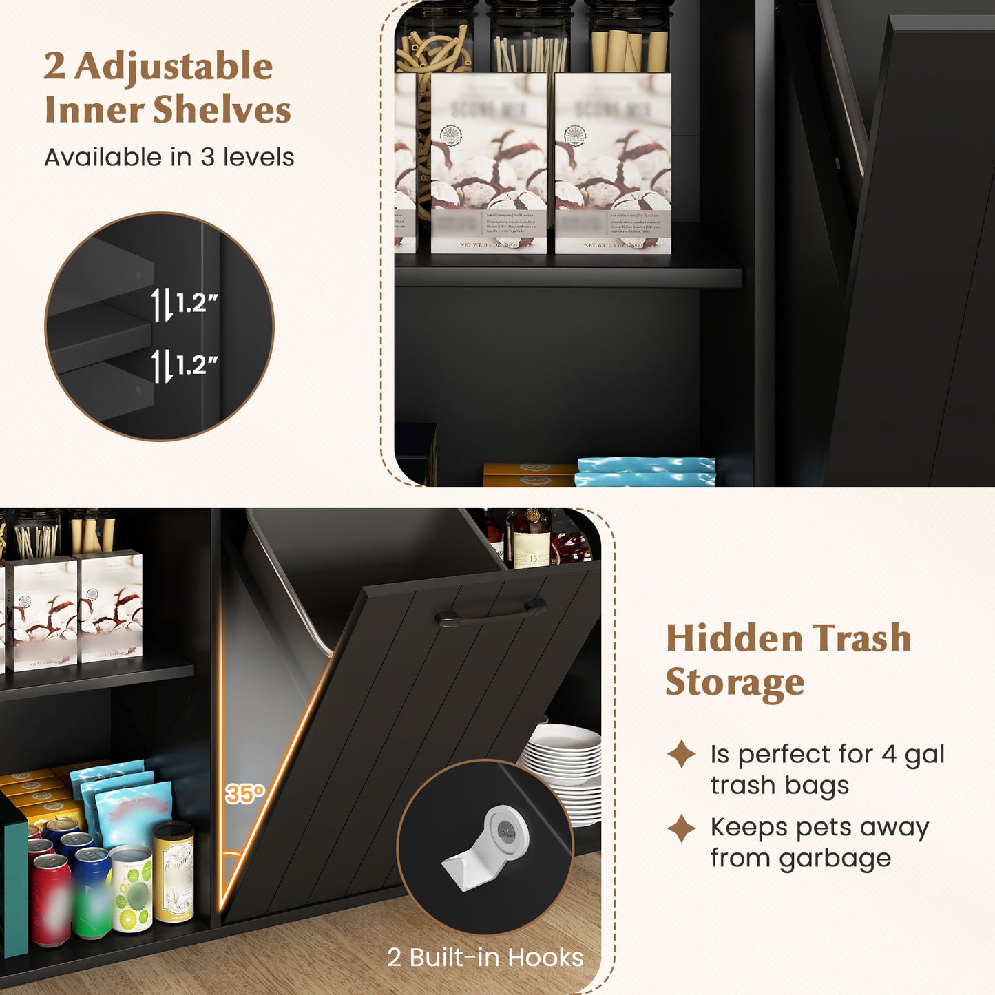 Mobile Kitchen Island Table with Trash Bag Storage for Dining Room-Black