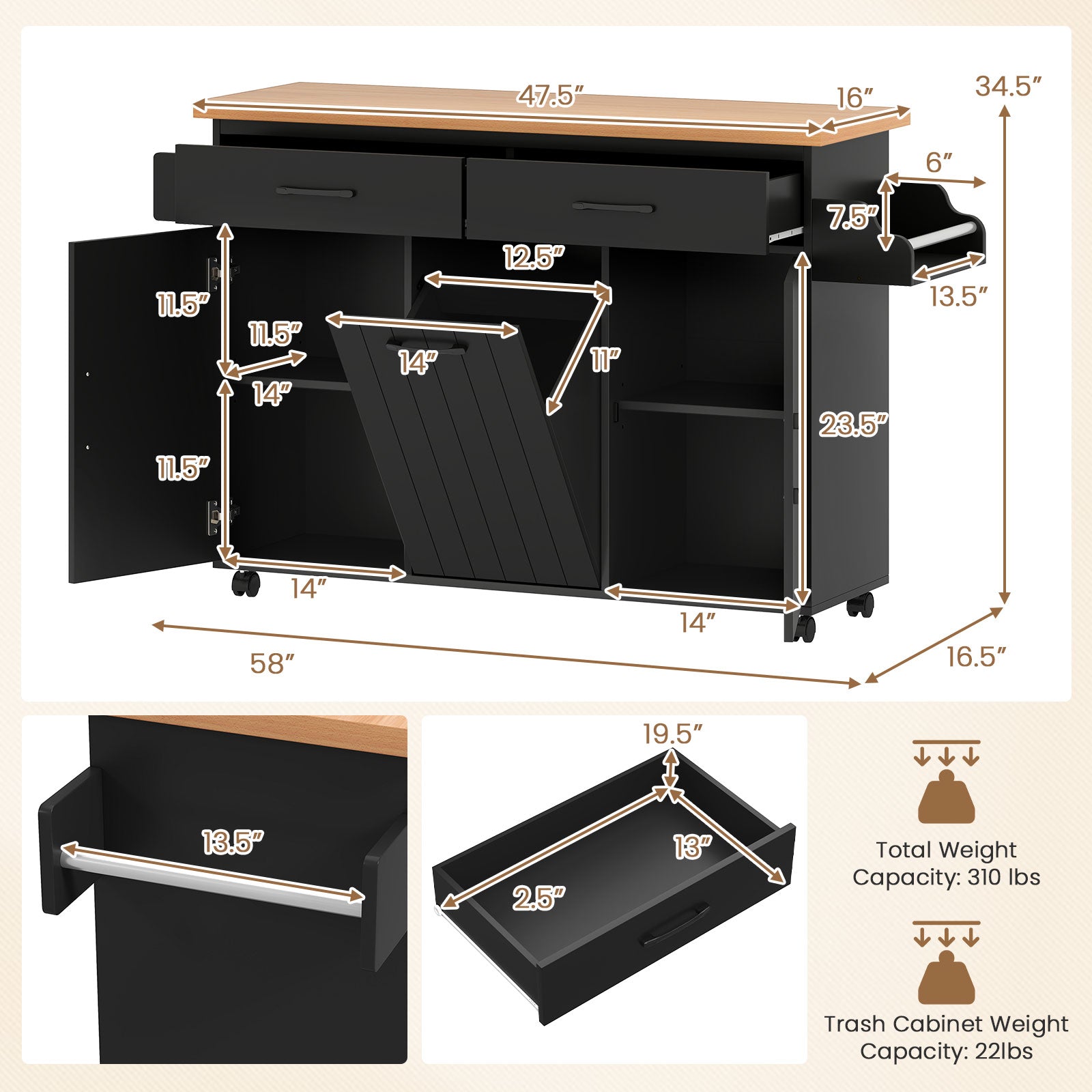 Mobile Kitchen Island Table with Trash Bag Storage for Dining Room-Black