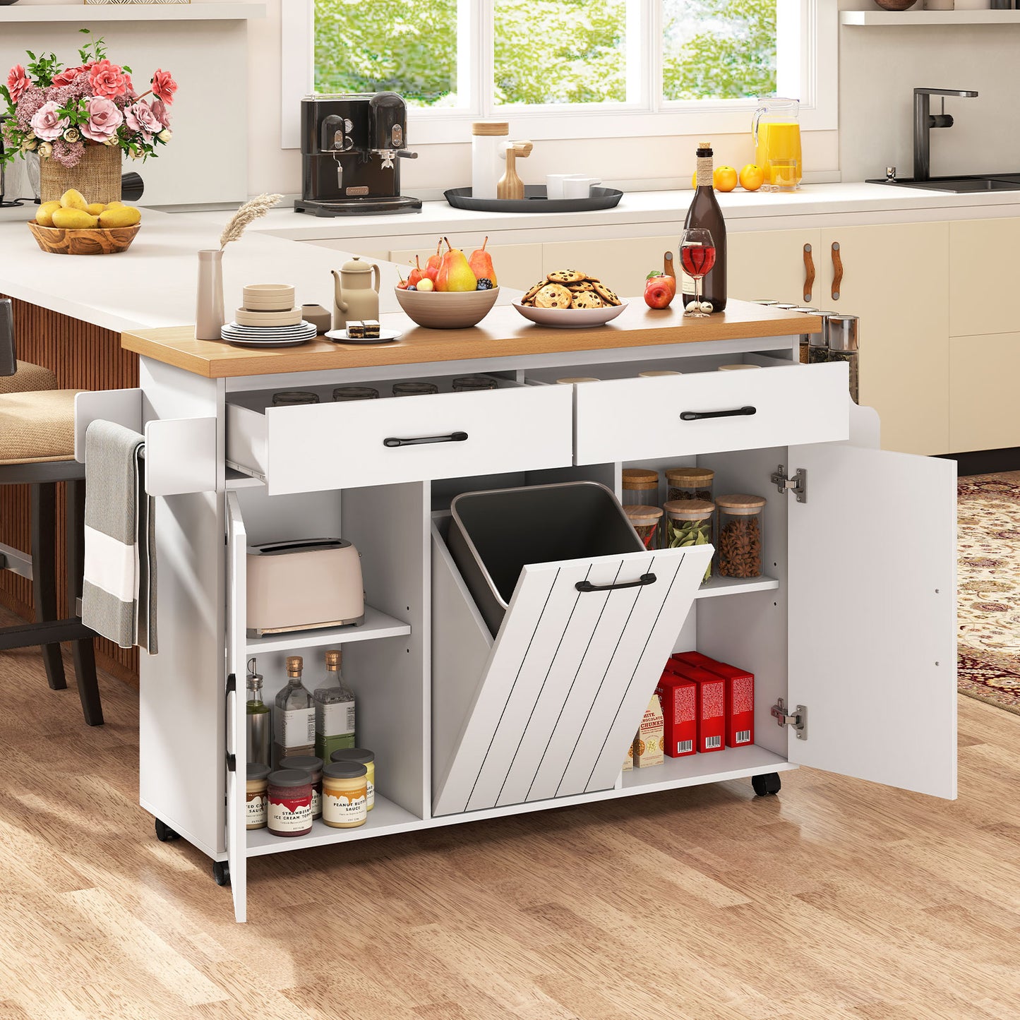 Mobile Kitchen Island Table with Trash Bag Storage for Dining Room-White