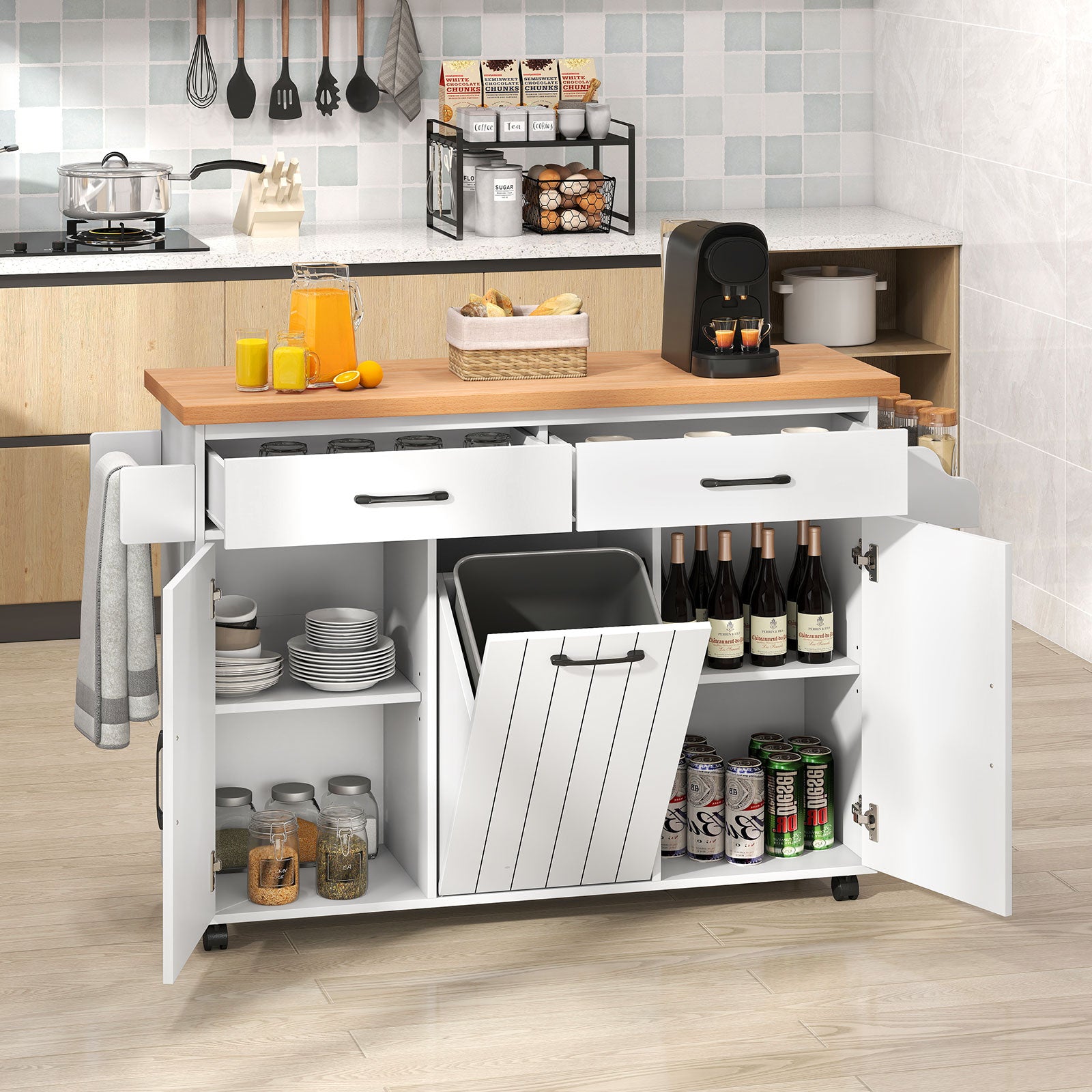 Mobile Kitchen Island Table with Trash Bag Storage for Dining Room-White