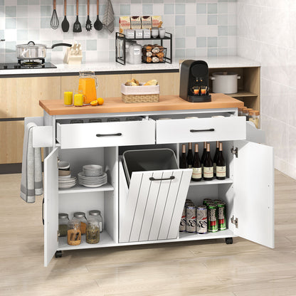 Mobile Kitchen Island Table with Trash Bag Storage for Dining Room-White
