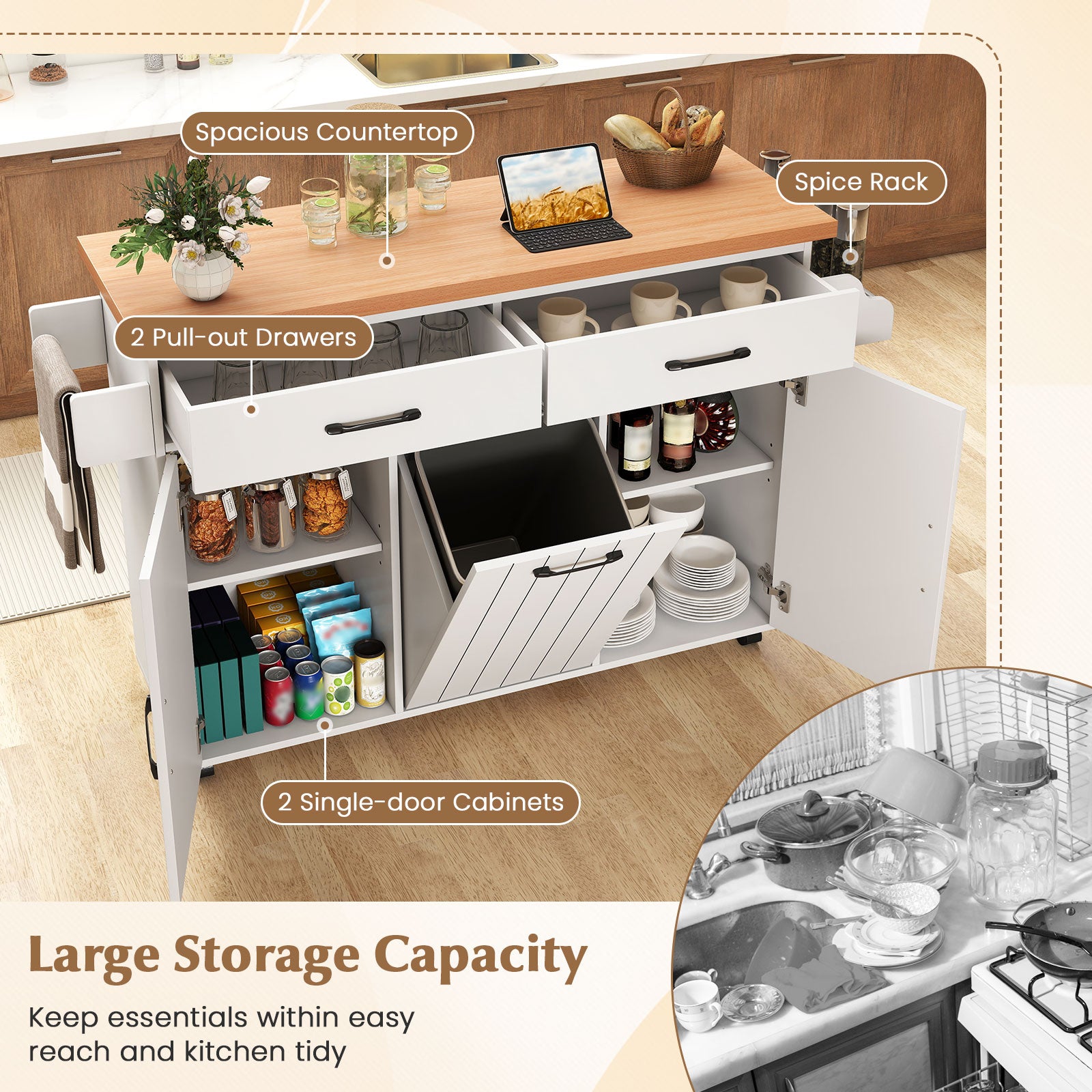 Mobile Kitchen Island Table with Trash Bag Storage for Dining Room-White