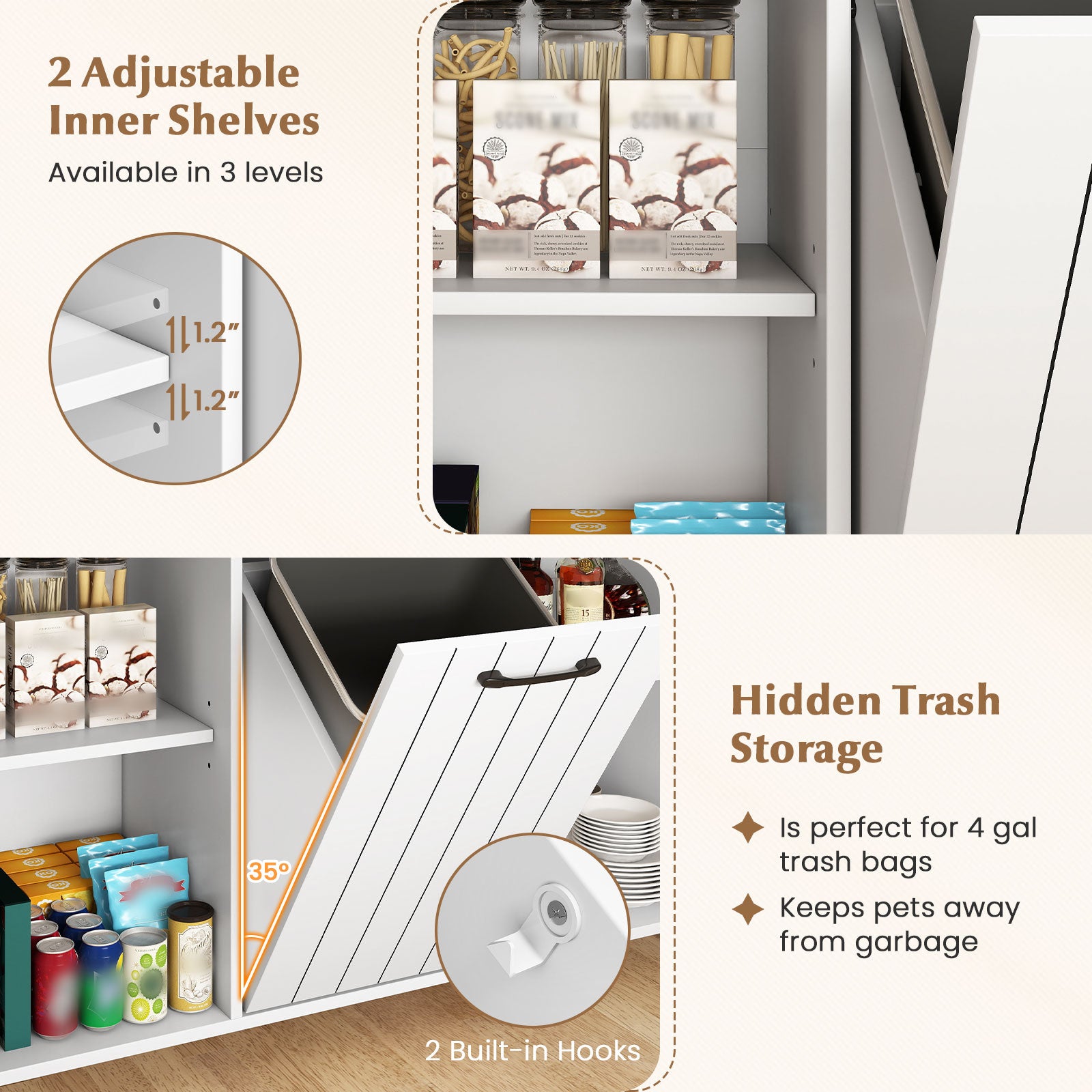 Mobile Kitchen Island Table with Trash Bag Storage for Dining Room-White