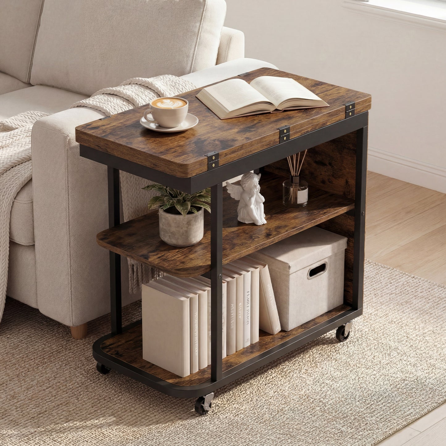 Mobile Side Table with Foldable Swivel Top and 2-Tier Shelf
