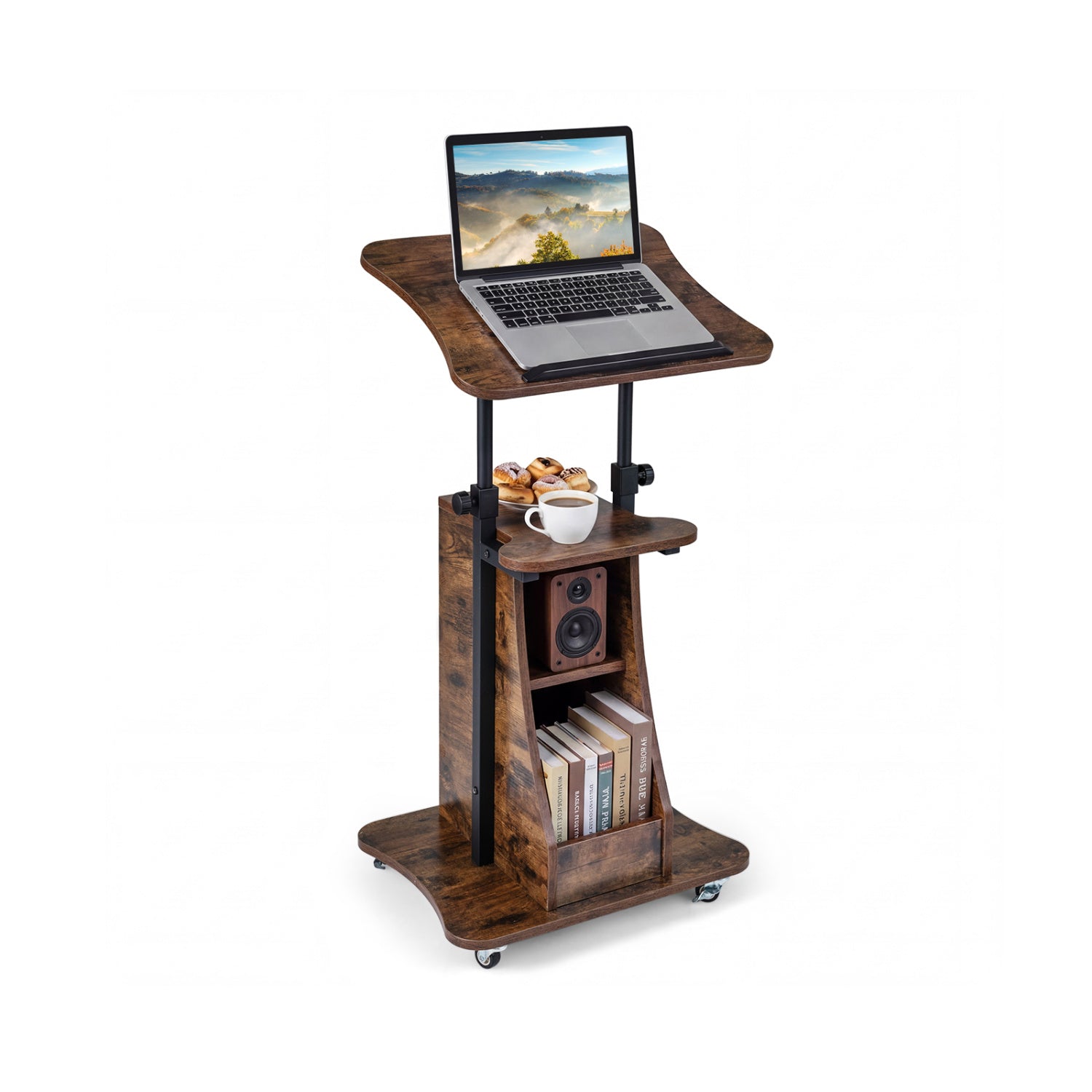 Sit-to-Stand Laptop Desk Cart Height Adjustable with Storage-Black - Rustic Brown