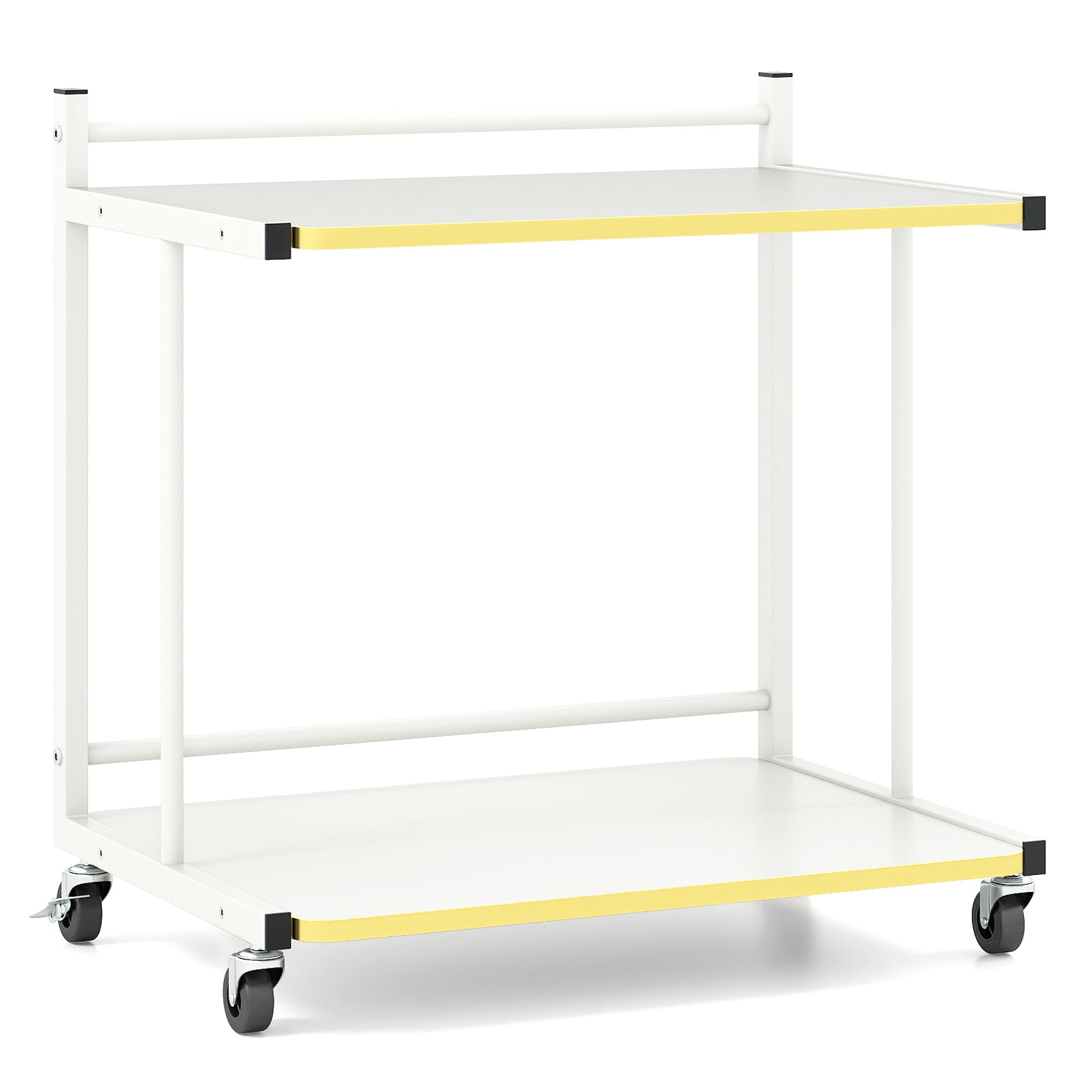 Mobile Side Table 2-Tier Rolling End Table with Open Shelves & Golden Trimmed Edges-White