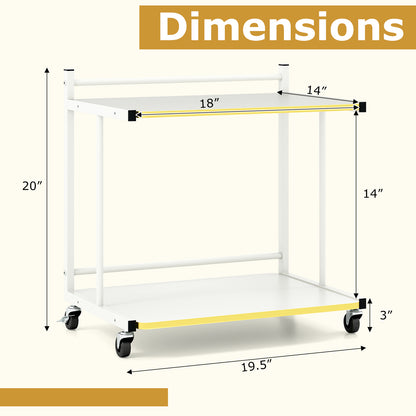 Mobile Side Table 2-Tier Rolling End Table with Open Shelves & Golden Trimmed Edges-White
