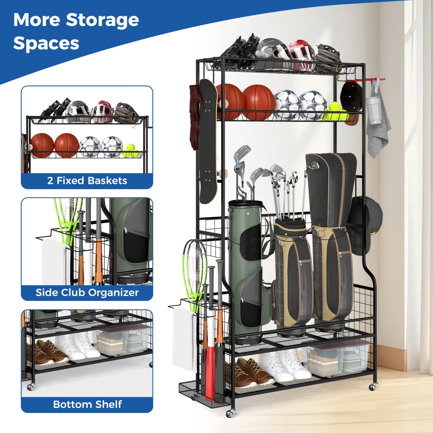 Mobile Sports Equipment Organizer with Golf Bags Storage and Club Rack