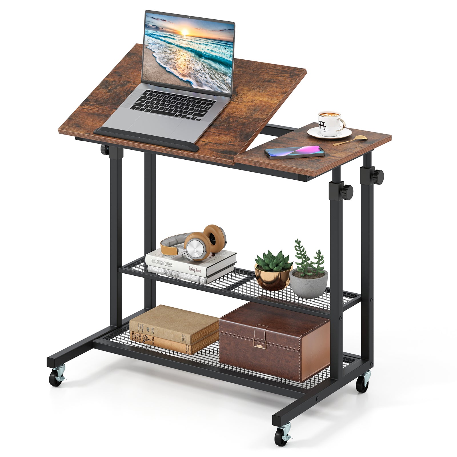Mobile Stand up Desk Height Adjustable Standing Table with Tilting Tabletop-Oak - Rustic Brown