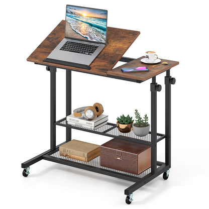Mobile Stand up Desk Height Adjustable Standing Table with Tilting Tabletop-Oak - Rustic Brown