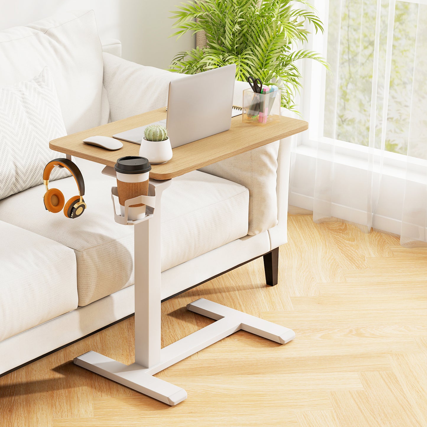 Mobile Standing Desk Height Adjustable Overbed Bedside Table with Cup Holder-Natural