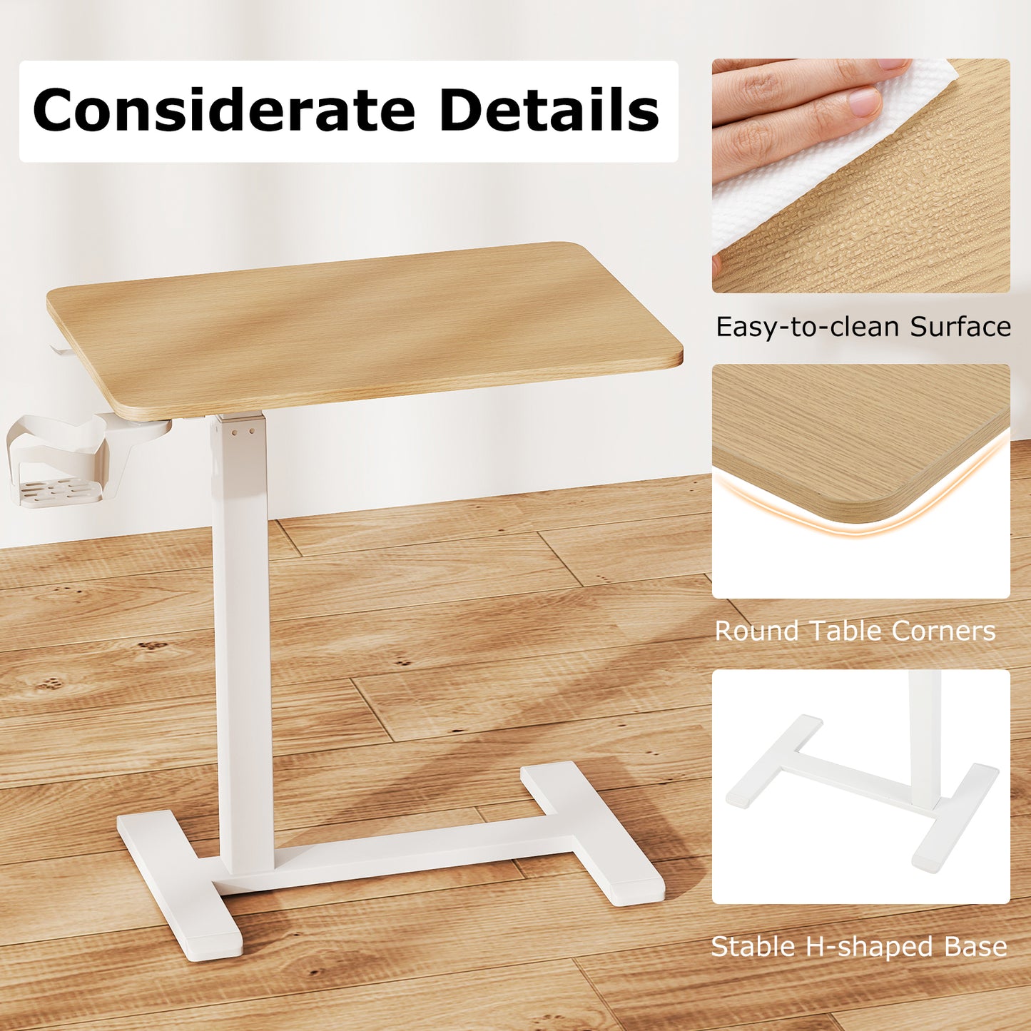 Mobile Standing Desk Height Adjustable Overbed Bedside Table with Cup Holder-Natural