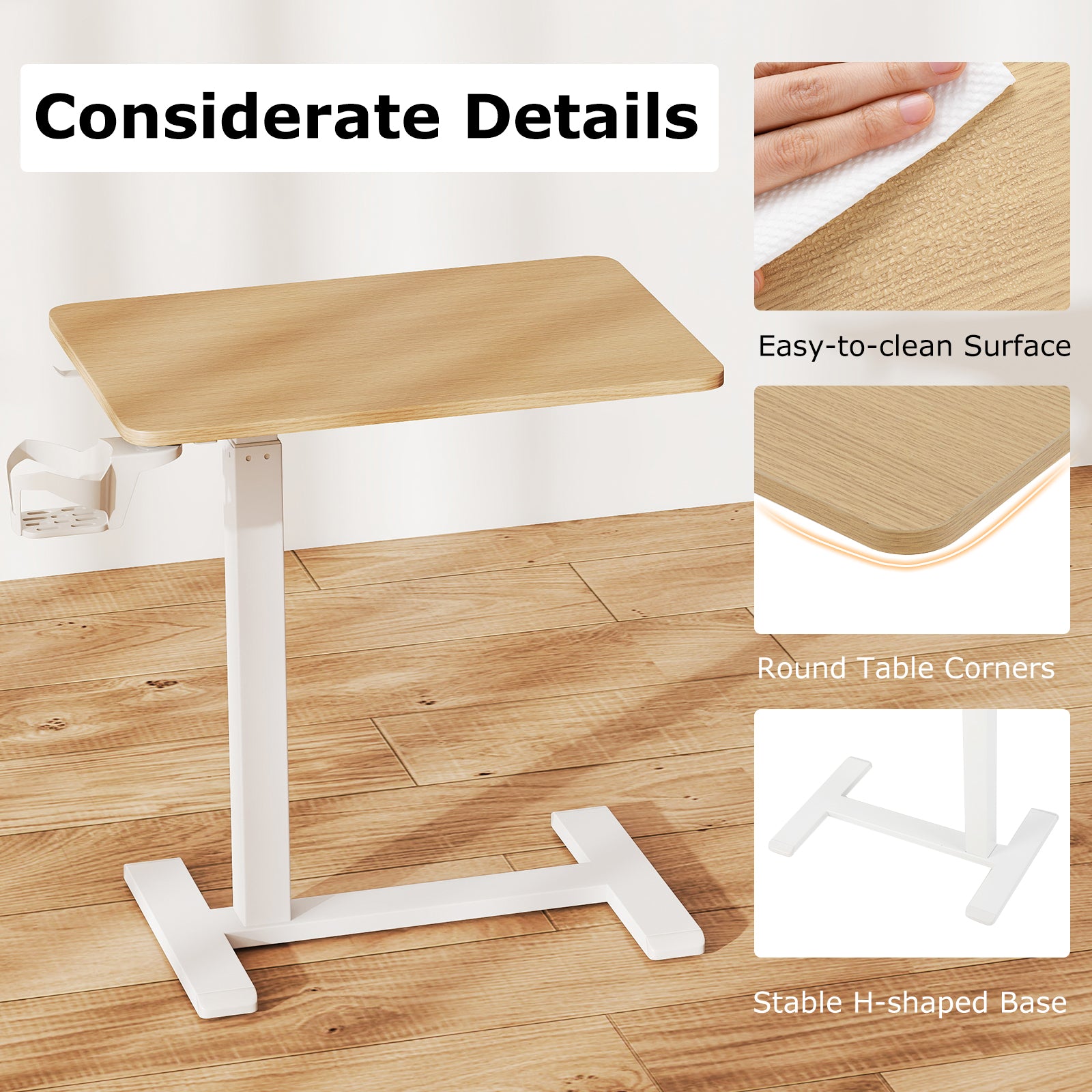 Mobile Standing Desk Height Adjustable Overbed Bedside Table with Cup Holder-Natural