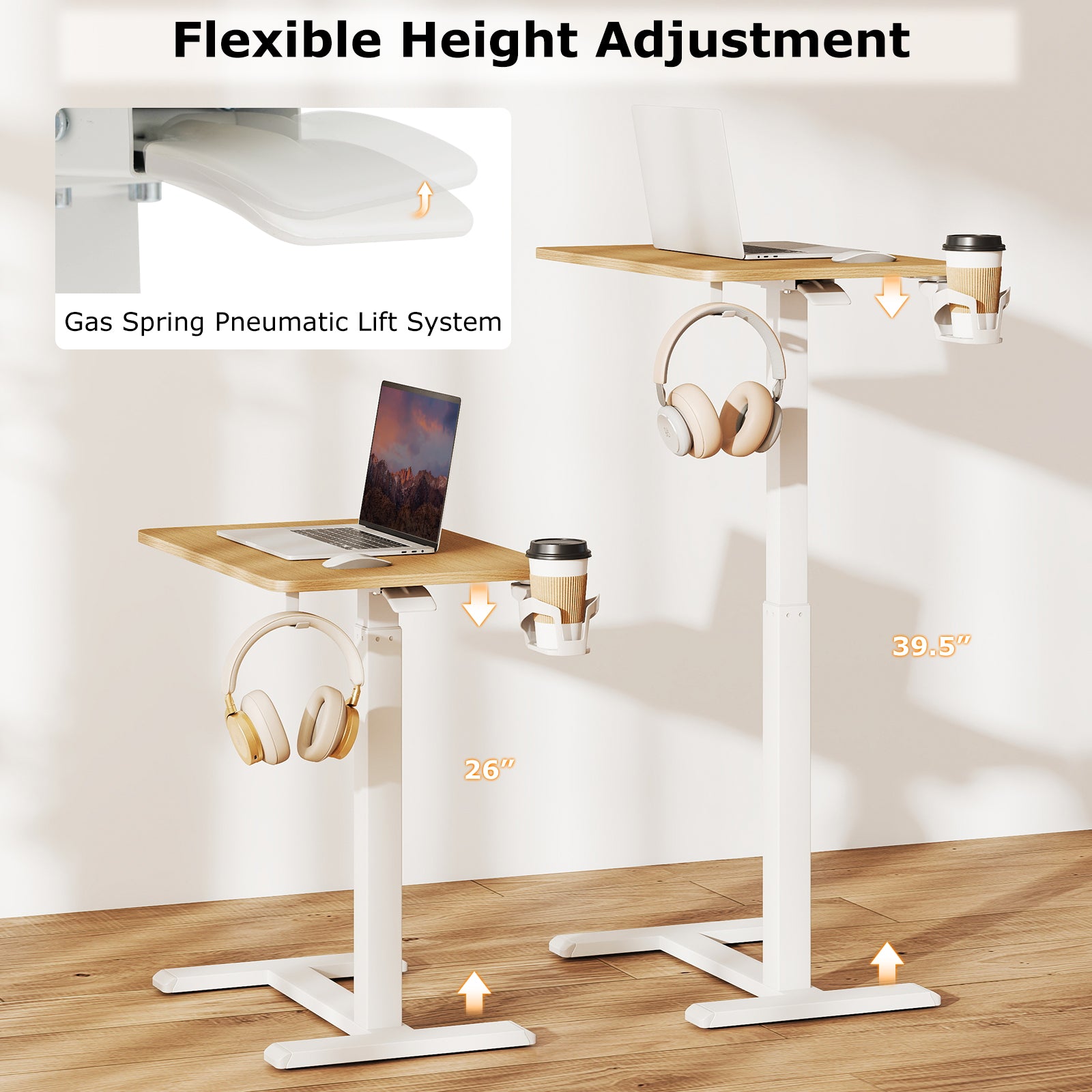 Mobile Standing Desk Height Adjustable Overbed Bedside Table with Cup Holder-Natural