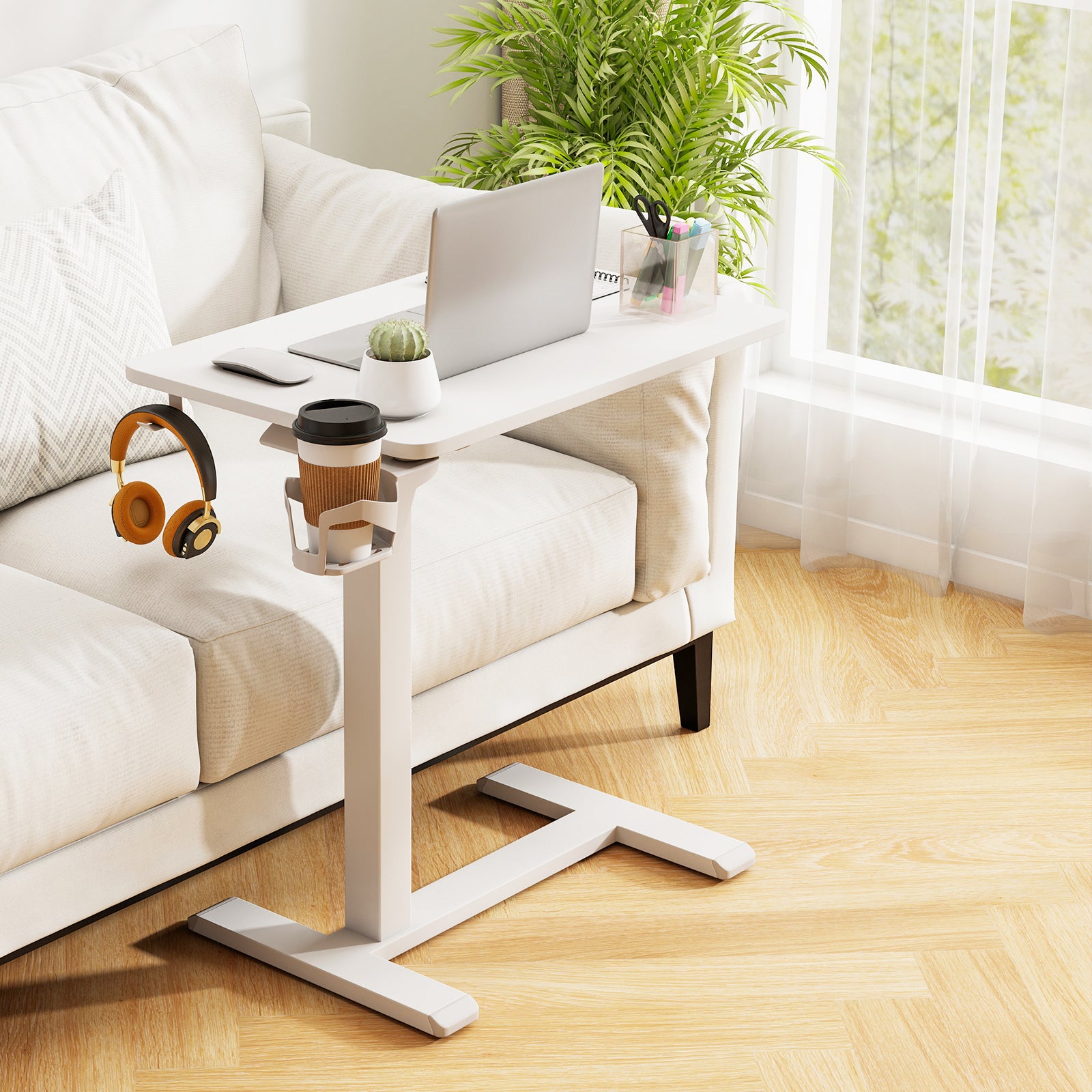Mobile Standing Desk Height Adjustable Overbed Bedside Table with Cup Holder-White