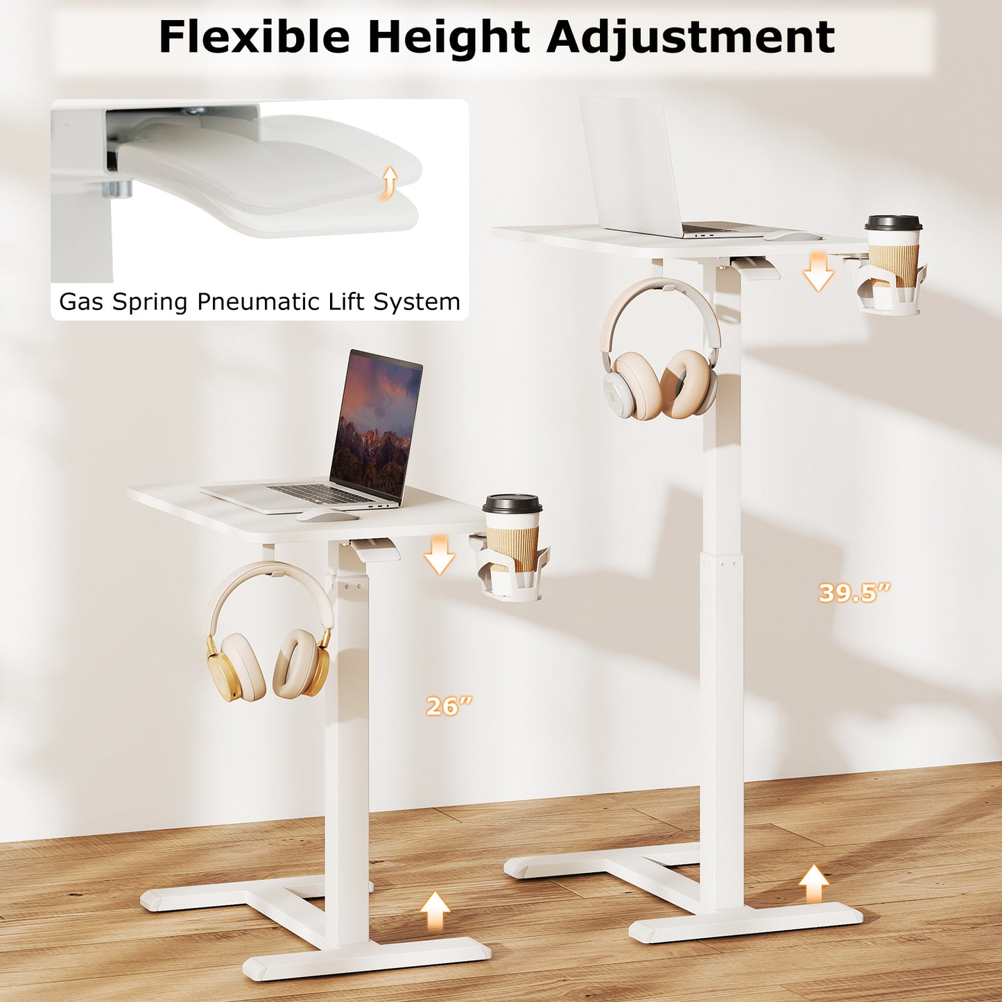 Mobile Standing Desk Height Adjustable Overbed Bedside Table with Cup Holder-White