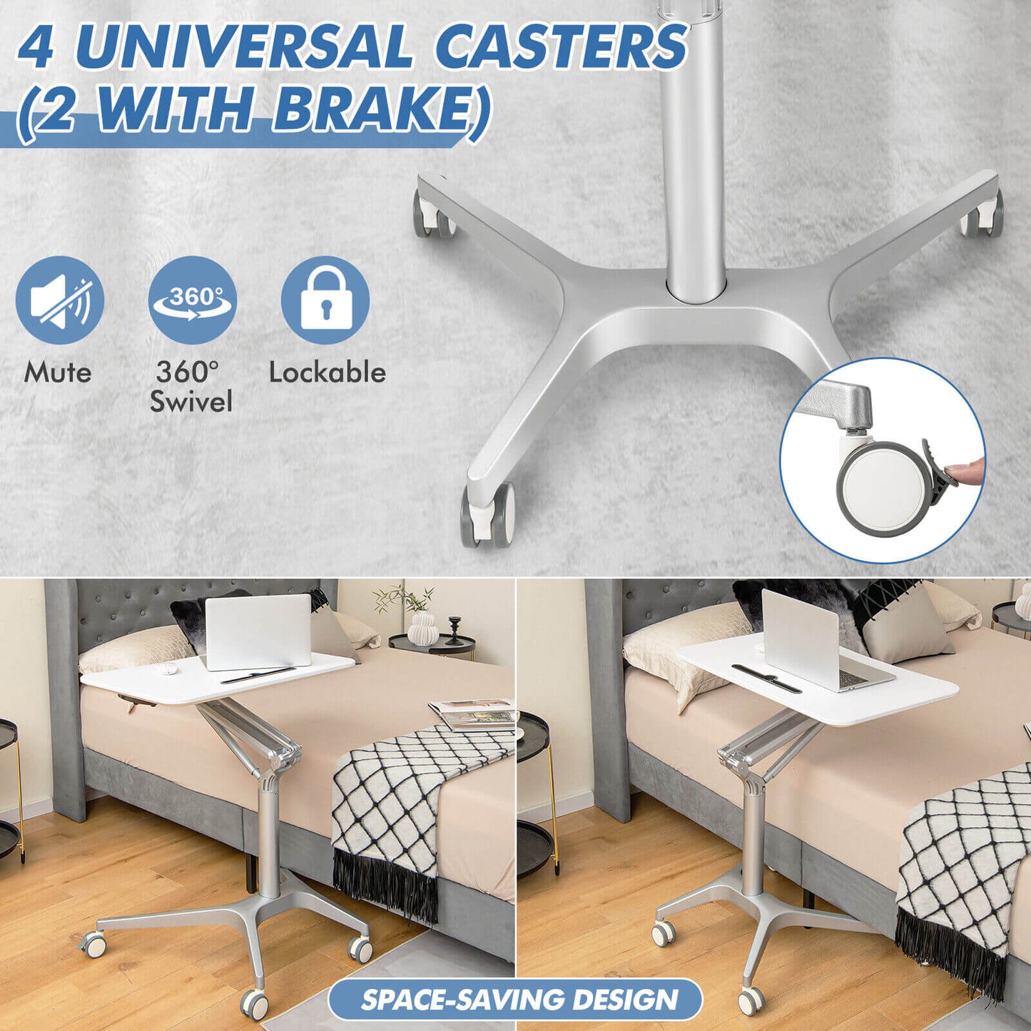 Mobile Standing Laptop Desk with Tablet Holder and 4 Rolling Casters-White