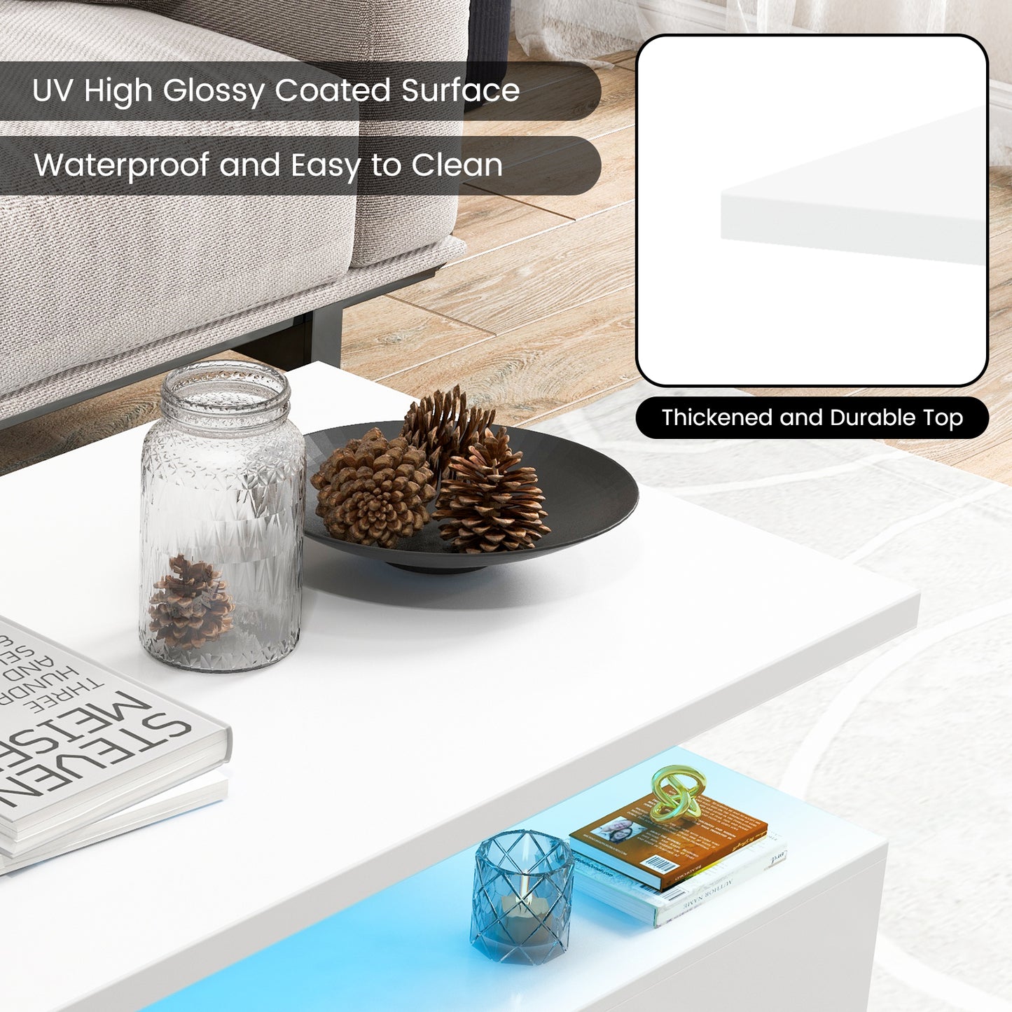 Modern 2-tier High Glossy Table with Adjustable Light Colors for Living Room-White