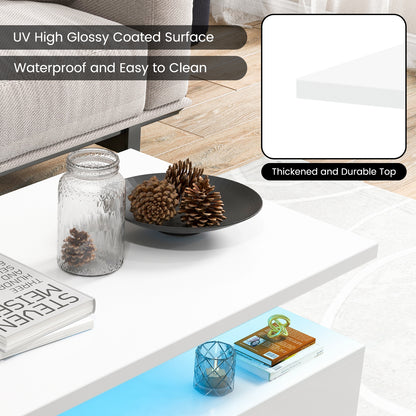Modern 2-tier High Glossy Table with Adjustable Light Colors for Living Room-White