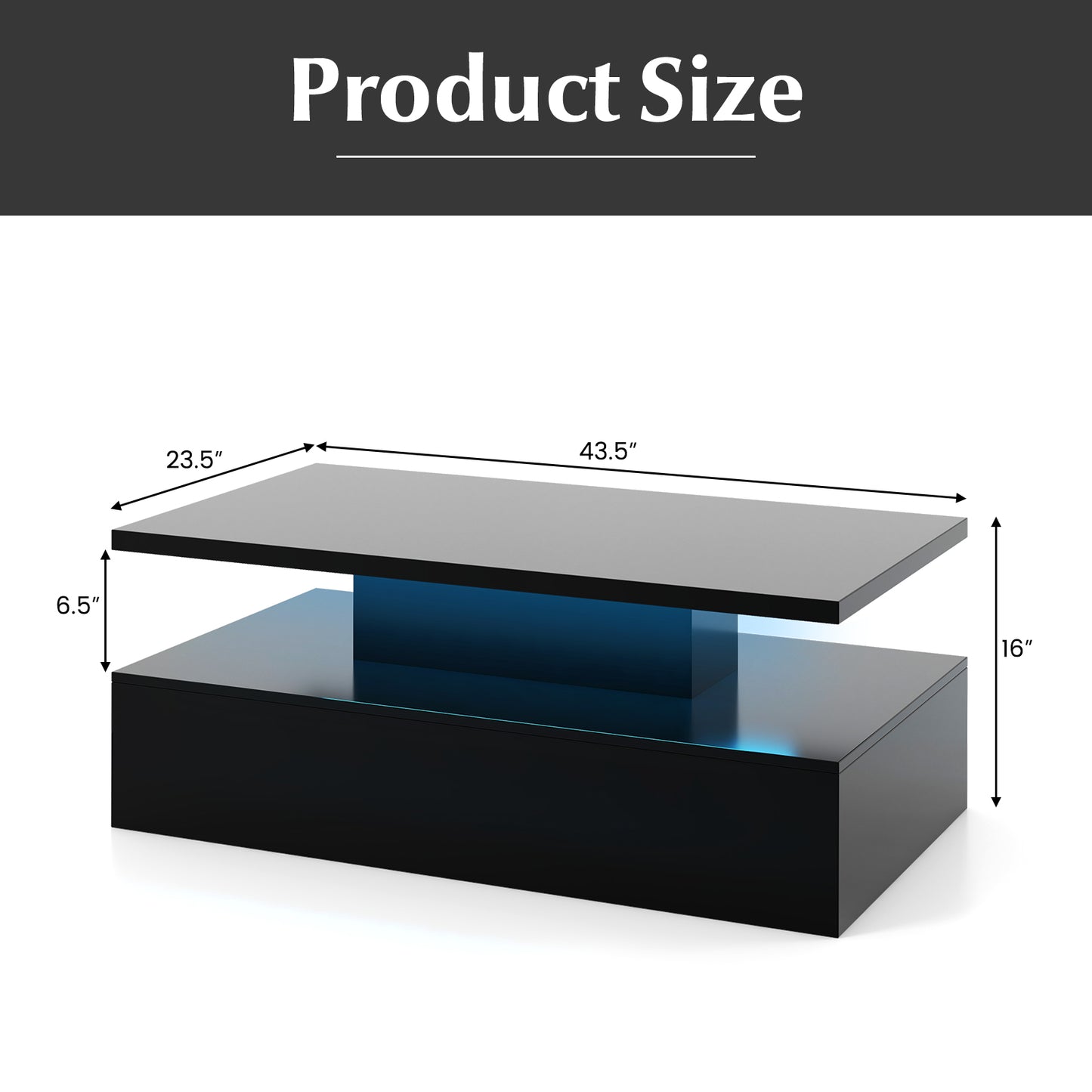 Modern 2-tier High Glossy Table with Adjustable Light Colors for Living Room-Black