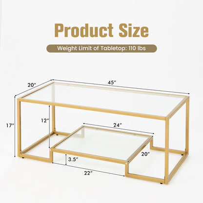 Modern 2-Tier Rectangular Coffee Table with Glass Table Top