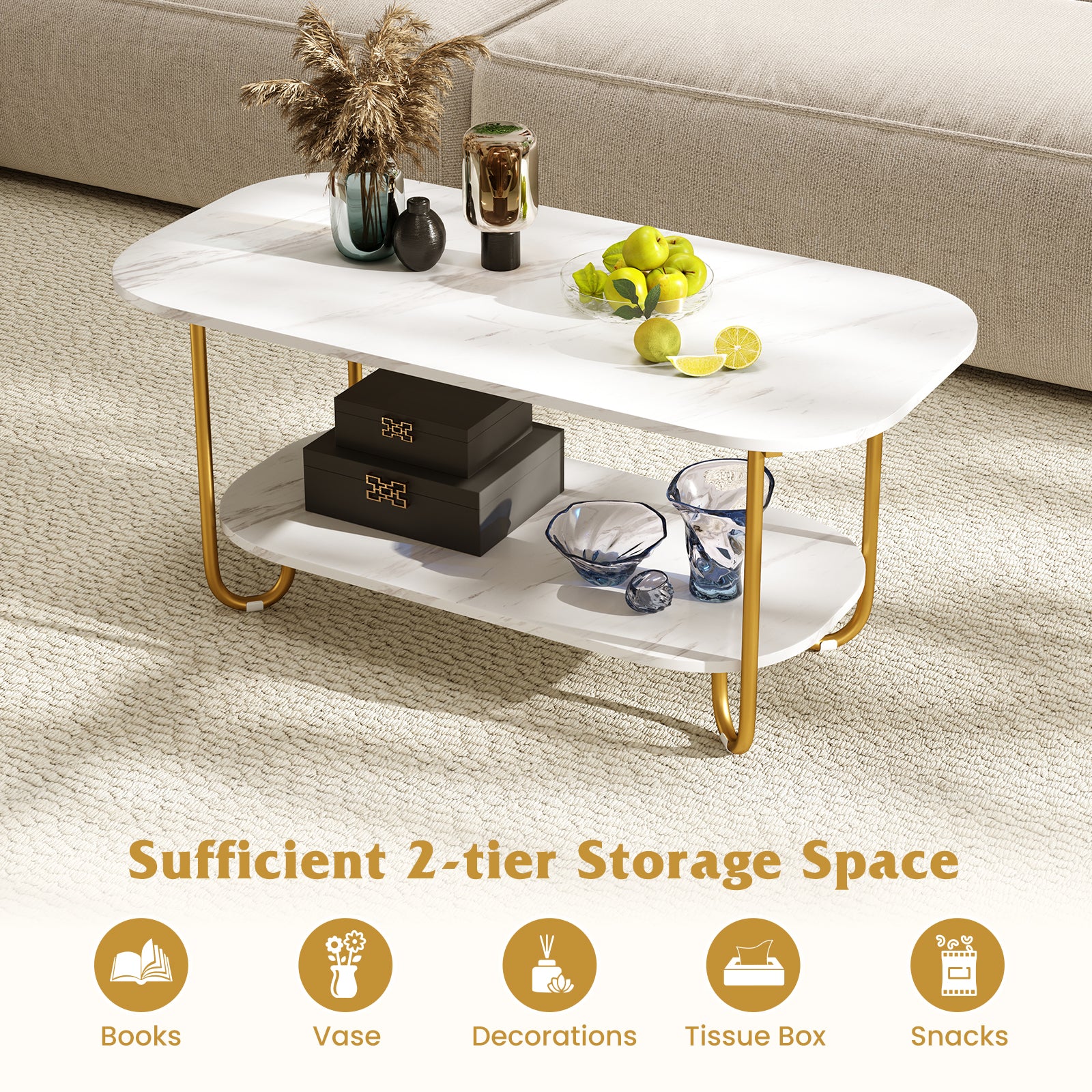 Modern 2-tier Faux Marble Top Coffee Table-White