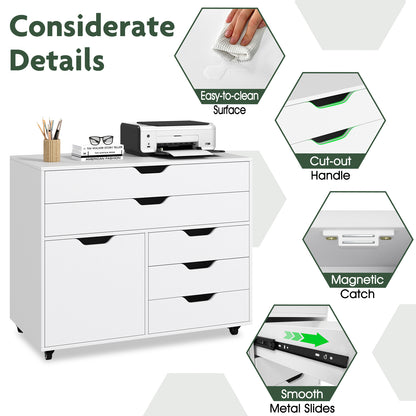 Modern Vertical 5-Drawer Mobile Chest with Door 5 Casters-White