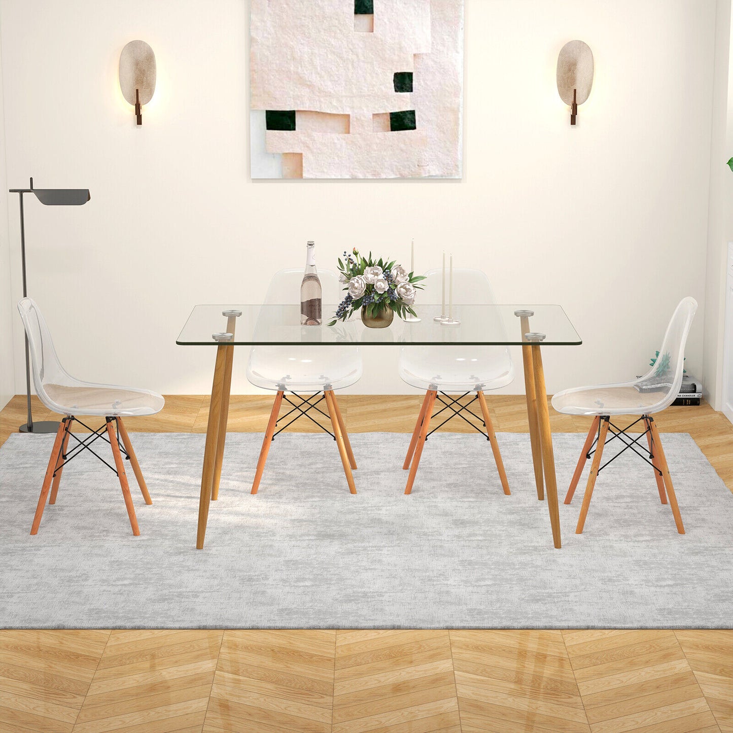 5 Pieces Rectangle Dining Table Set with 51 Inch Glass Tabletop