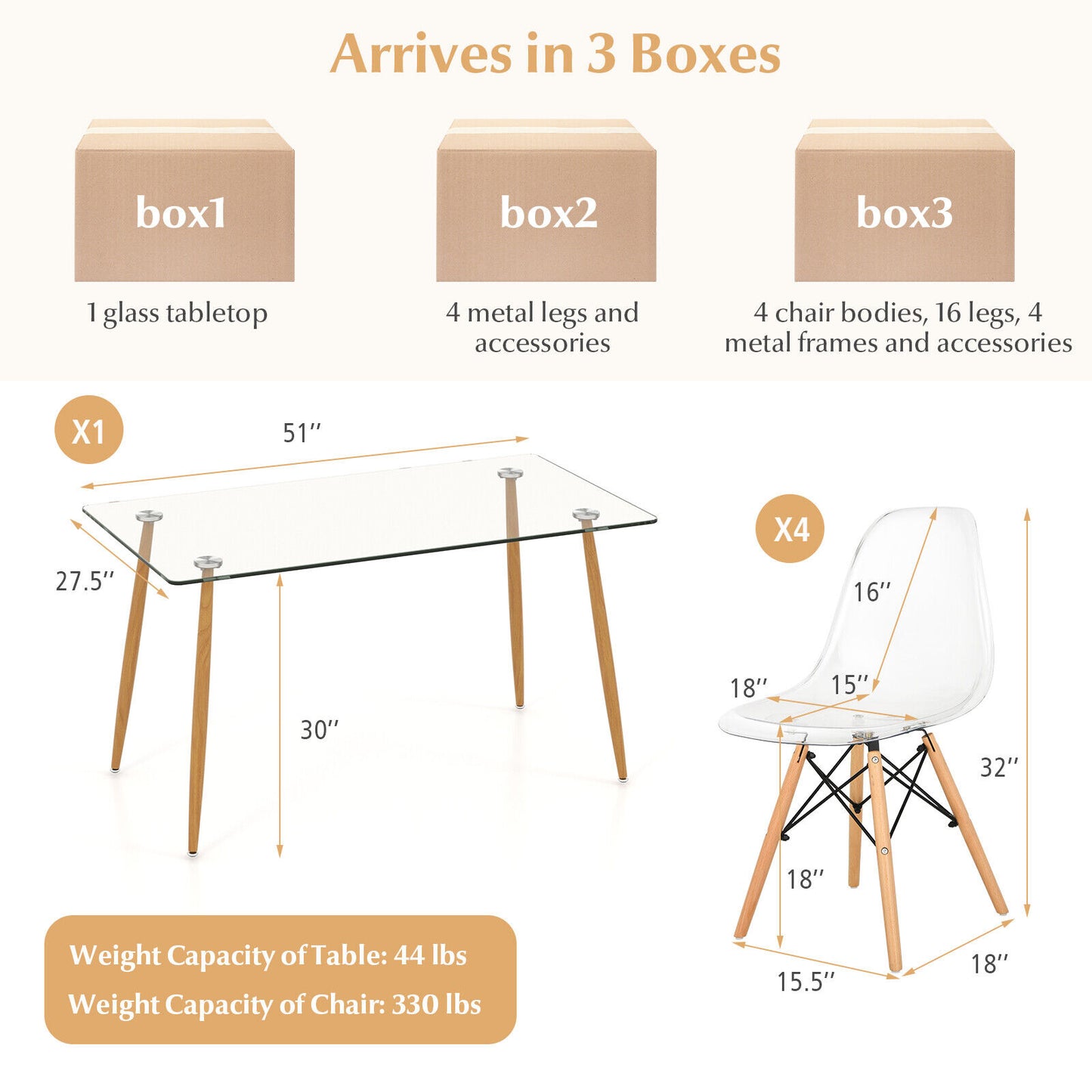 5 Pieces Rectangle Dining Table Set with 51 Inch Glass Tabletop