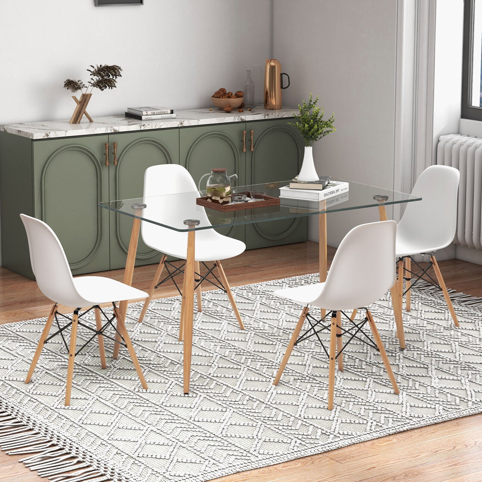 5 Pieces Rectangle Dining Table Set with 51 Inch Glass Tabletop-Transparent - White