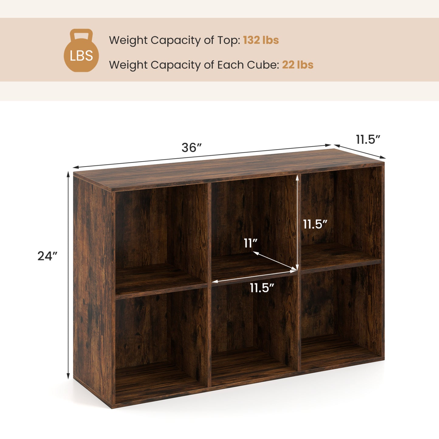 6-Cube Bookcase with Anti-Tipping Kit - Rustic Brown