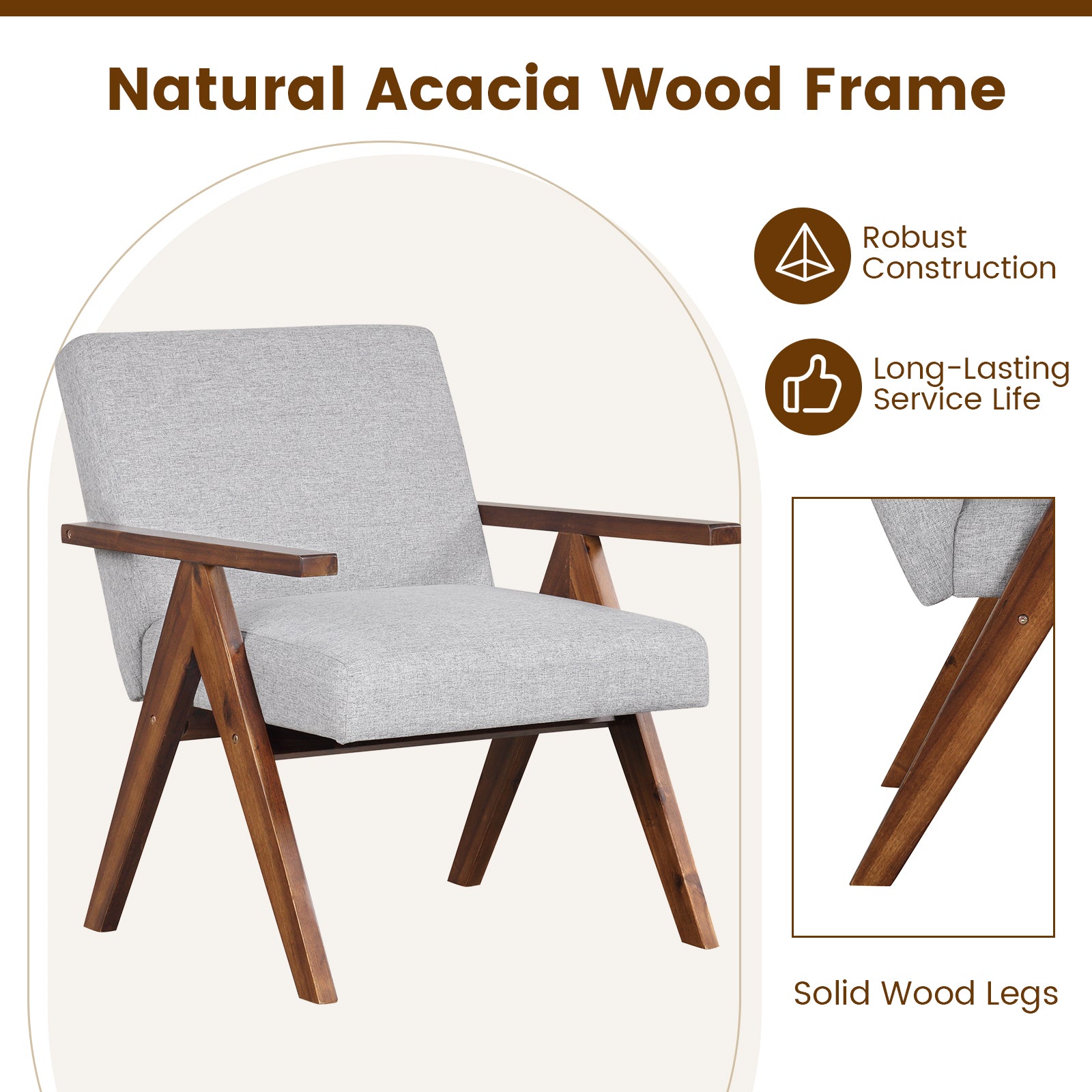 Modern Accent Chair Linen Fabric Armchair with Solid Acacia Wood Frame-Gray