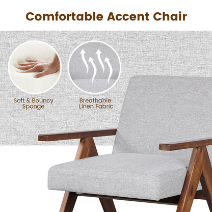 Modern Accent Chair Linen Fabric Armchair with Solid Acacia Wood Frame-Gray