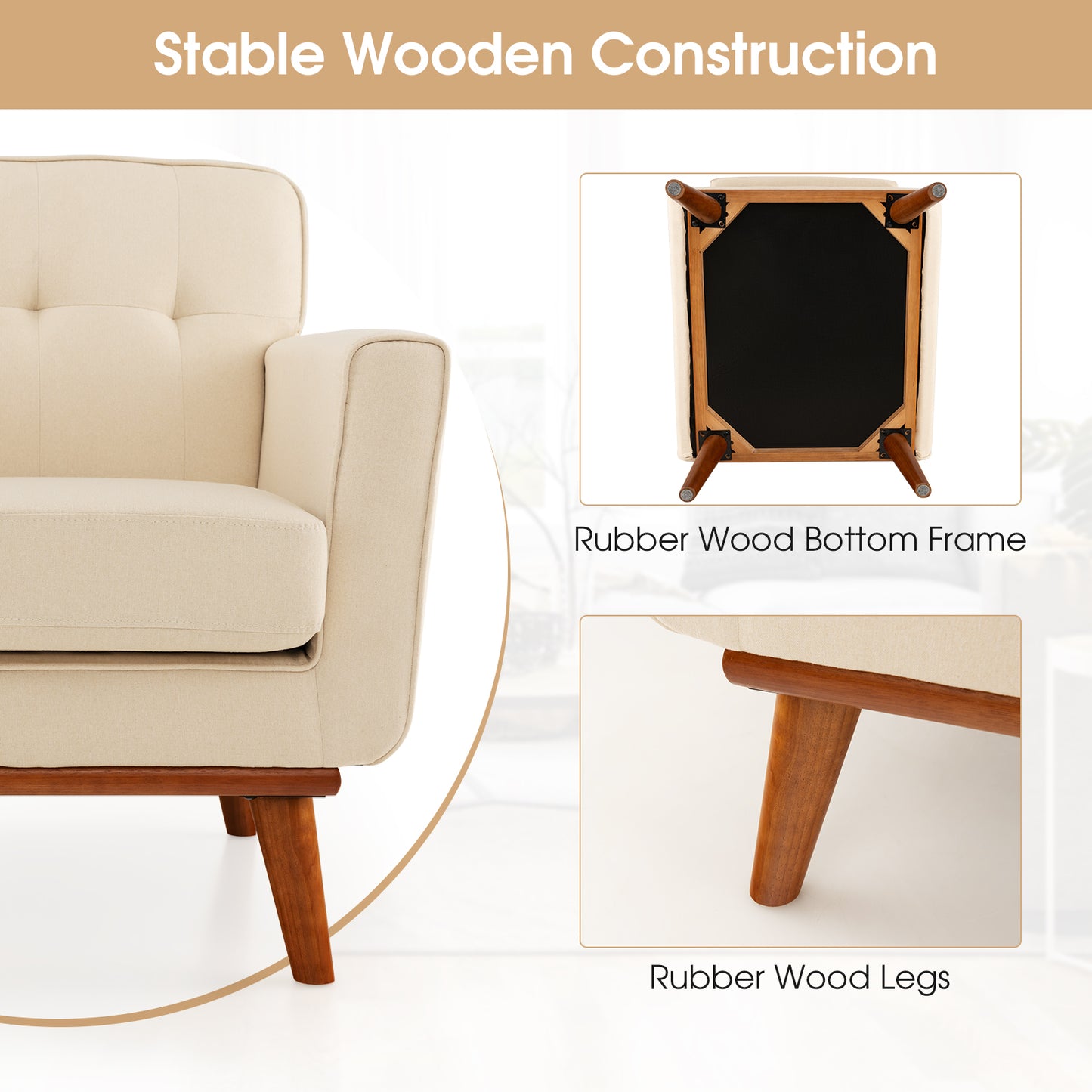 Modern Accent Chair Upholstered Linen Fabric Armchair with Removable Padded Seat Cushion-Beige