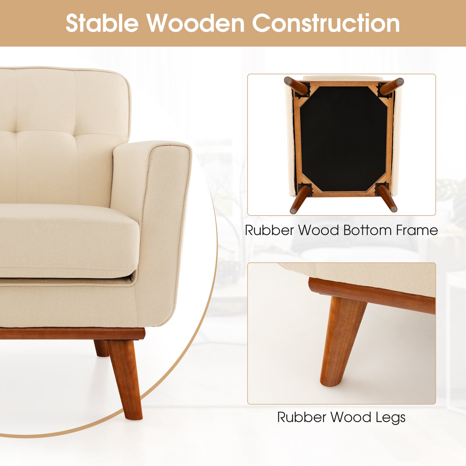 Modern Accent Chair Upholstered Linen Fabric Armchair with Removable Padded Seat Cushion-Beige