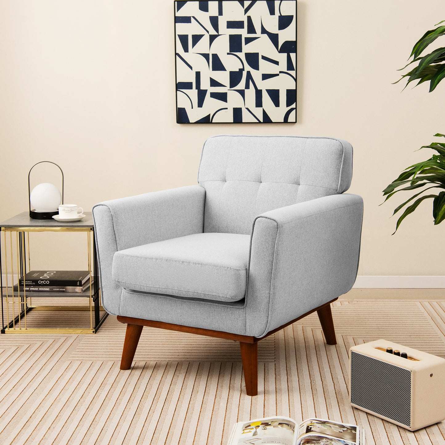 Modern Accent Chair Upholstered Linen Fabric Armchair with Removable Padded Seat Cushion-Gray
