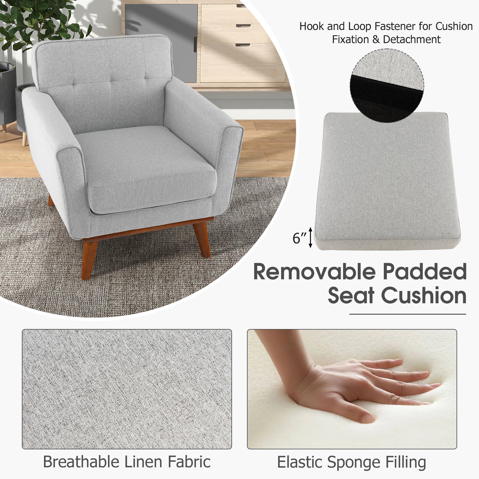 Modern Accent Chair Upholstered Linen Fabric Armchair with Removable Padded Seat Cushion-Gray