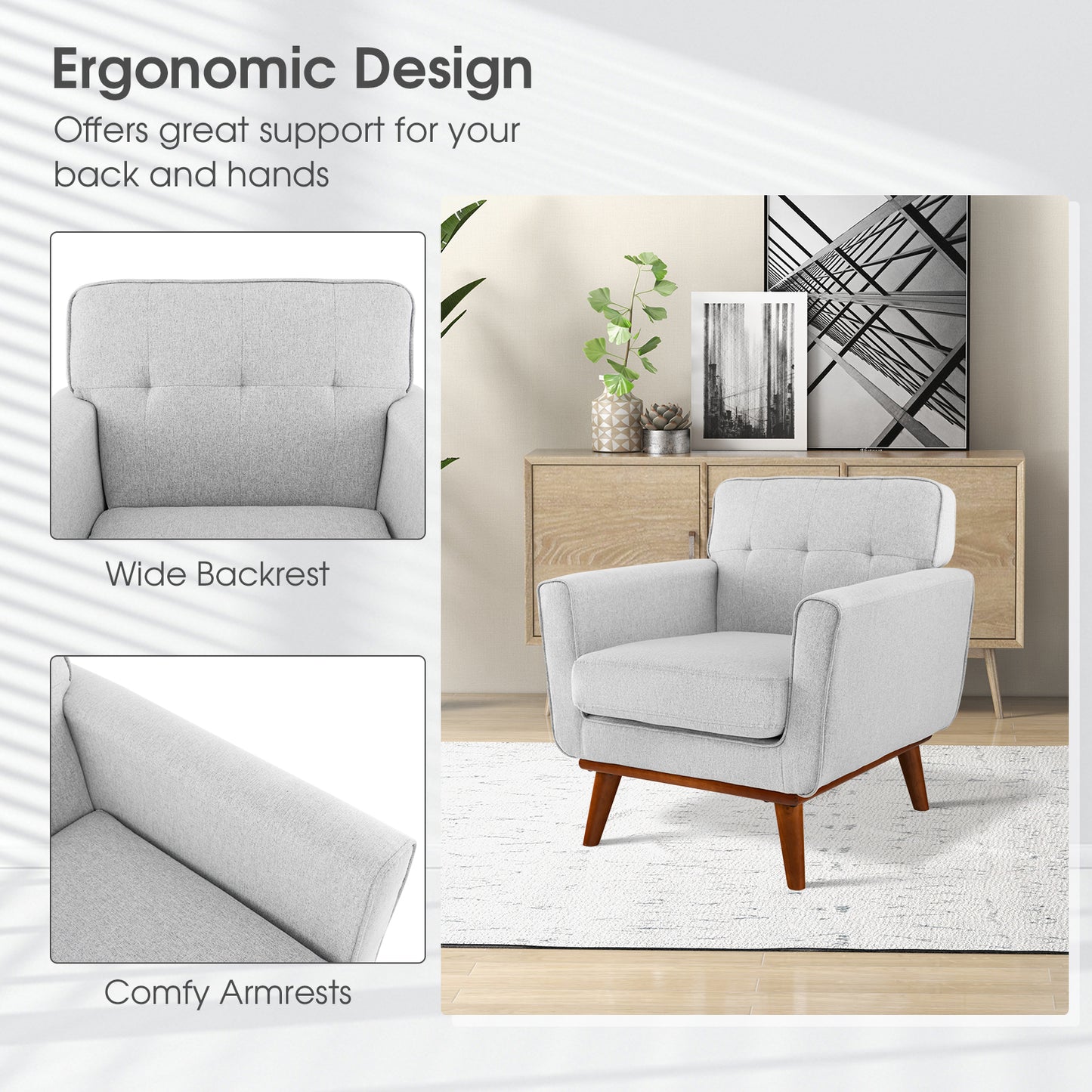 Modern Accent Chair Upholstered Linen Fabric Armchair with Removable Padded Seat Cushion-Gray