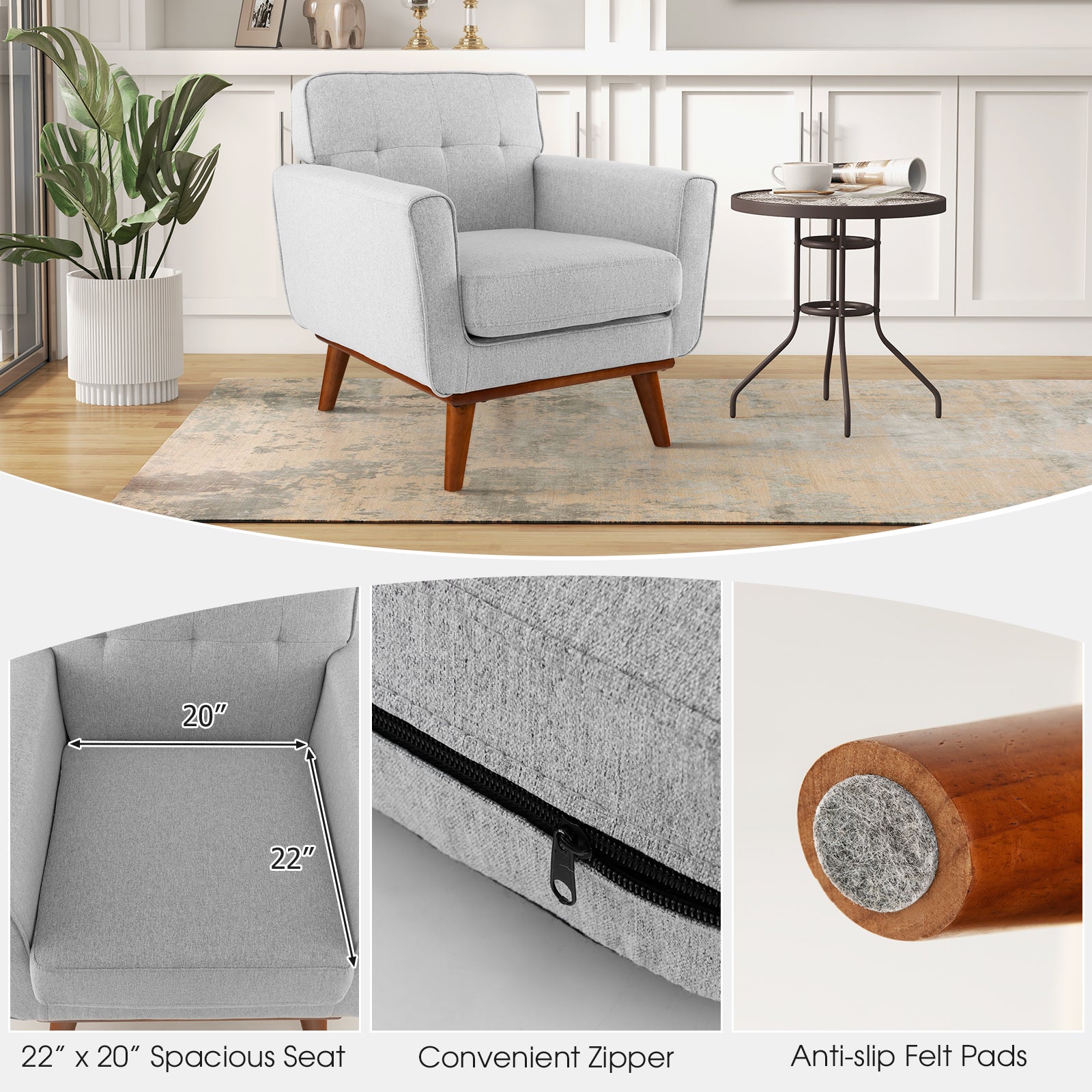 Modern Accent Chair Upholstered Linen Fabric Armchair with Removable Padded Seat Cushion-Gray