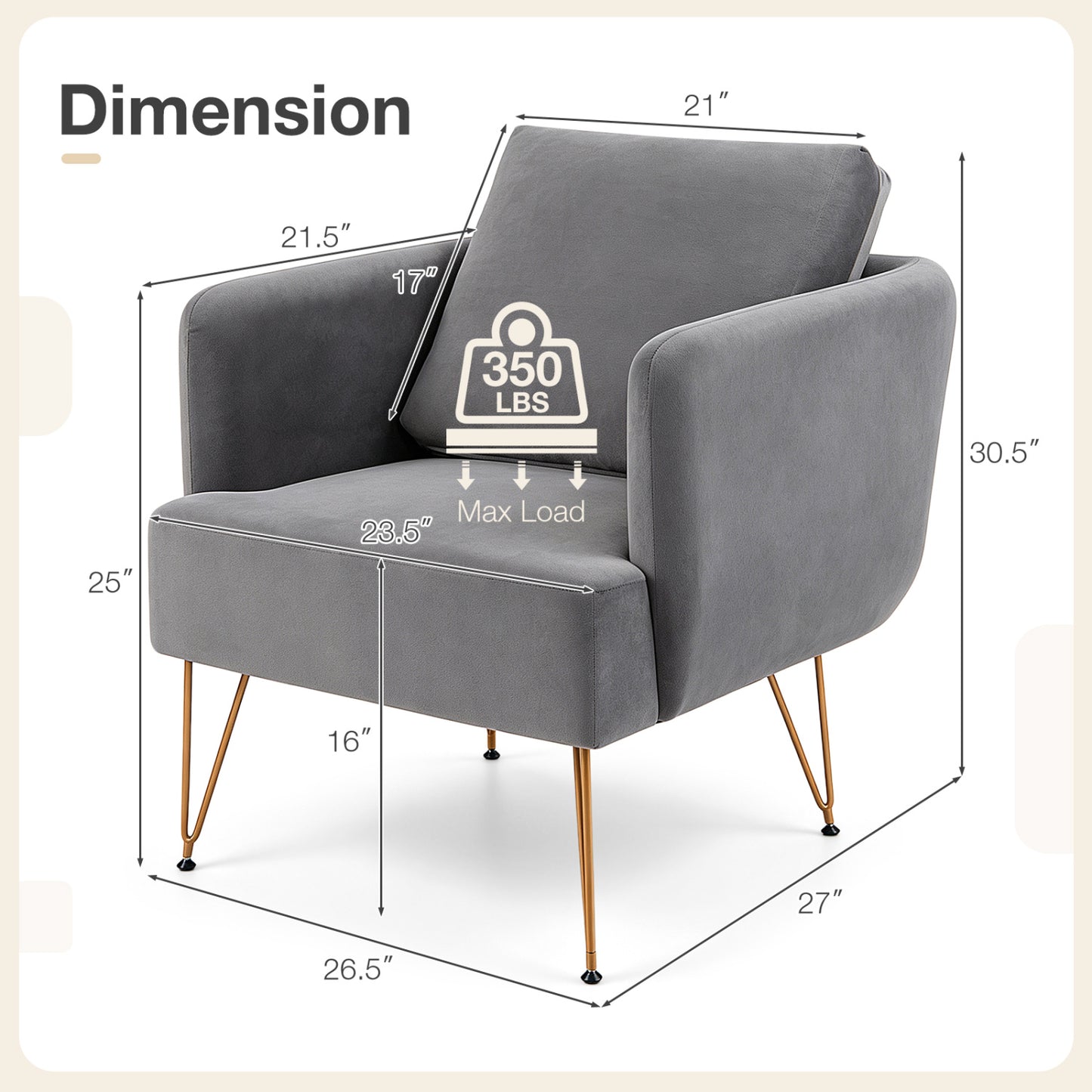 Velvet Accent Chair with Back Cushion and Golden Metal Legs