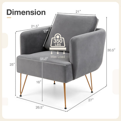 Velvet Accent Chair with Back Cushion and Golden Metal Legs