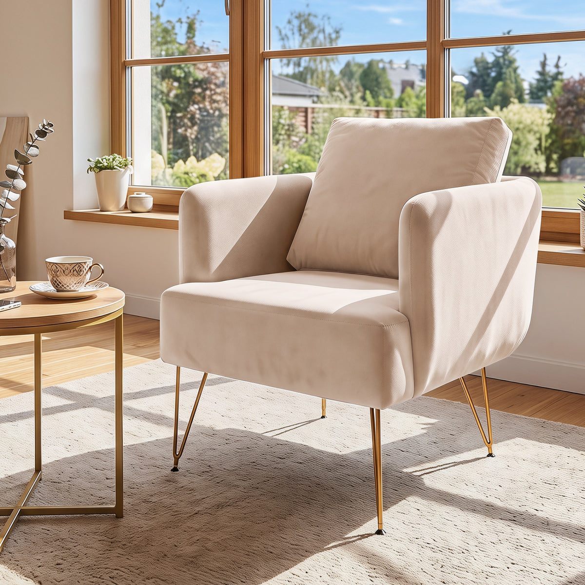 Velvet Accent Chair with Gold Metal Legs and Back Cushion