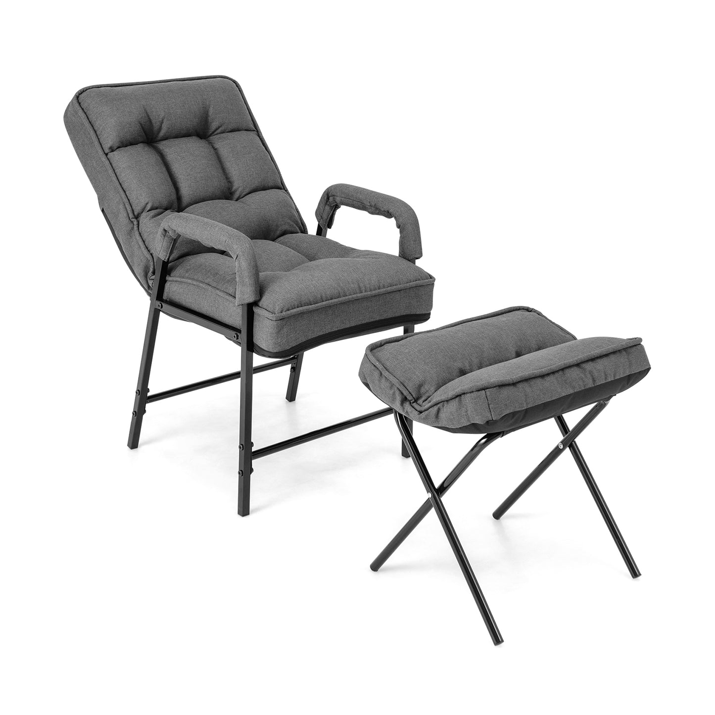 Linen Fabric Modern Accent Chair with Ottoman and Adjustable Backrest-Gray - Gray