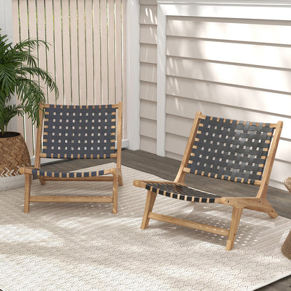 Modern Armless Teak Wood Lounge Chair with Nylon Woven Backrest and Seat-Black